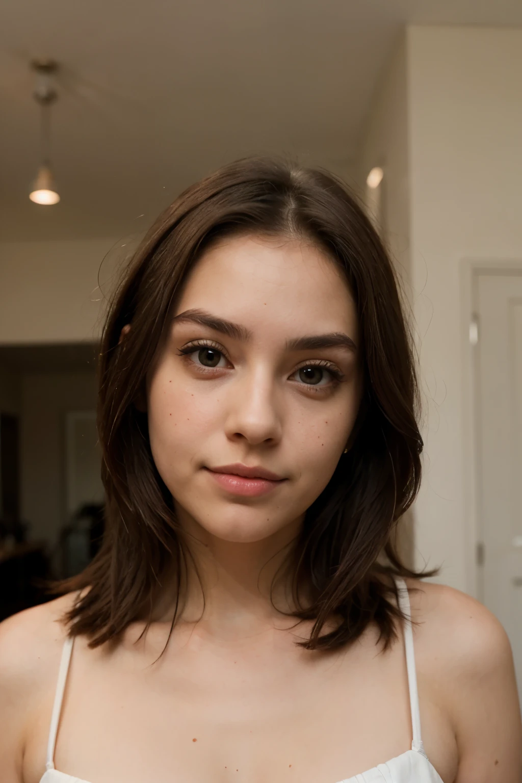 young adult woman arched eyebrows snub nose small mouth thin lips brown dark hair straight hair round face  freckled face light skinned round pinky cheeks dimple round black eyes 
