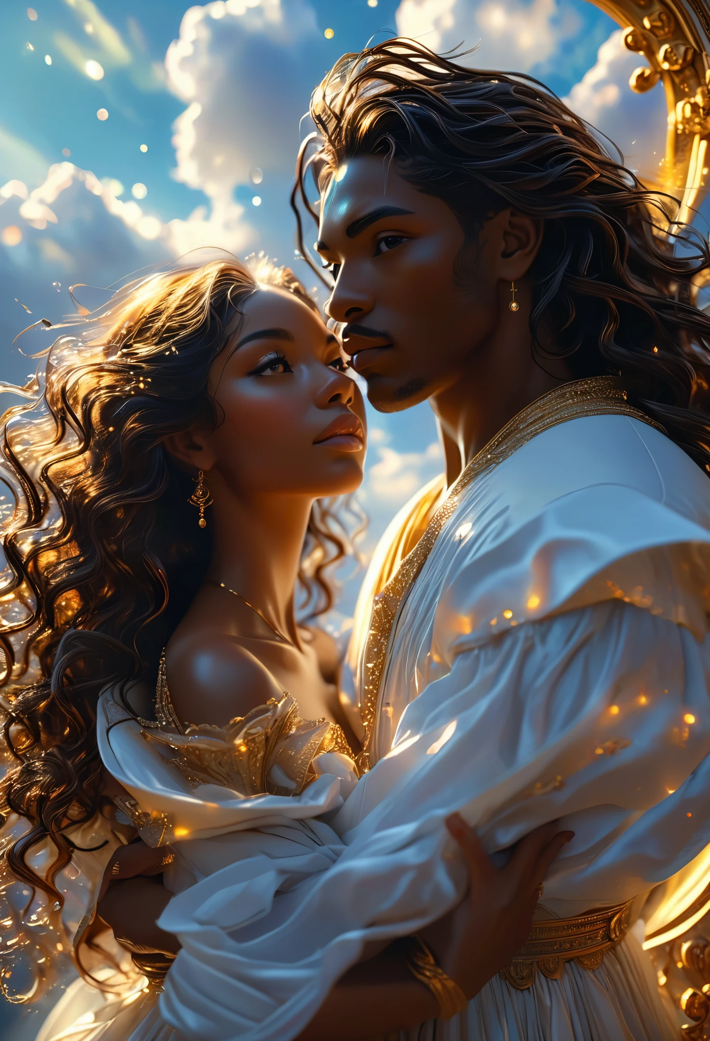 Romance in a celestial landscape, le titre est Soulmate, un couple (((brown skin))) in a heavenly land, a celestial impress with long brown curly hair, visage très fins, (((very beautiful))), visages parfait, corps entier, 8K, extremely detailed, (high quality,realistic,photorealistic:1.37), Full body, ideal proportions and defined complexion, meticulously crafted features, unreachable beauty, perfection, breathtaking elegance, g curves, goddess-like figures, divine symmetry, artistic masterpieces, vivid realism, hyper-detailed sculptures, life-like forms, truly awe-inspiring, impeccable craftsmanship, pure radiance, ethereal beauty, delicate contours, striking poses, sublime beauty, subtle nuances, dynamic compositions, vibrant colors, perfect lighting, soulful expressions, celestial aura, majestic presence, dreamlike atmosphere, unmatched gdetailed octane render trending on artstation, 8 k artistic photography, photorealistic concept art, soft natural volumetric cinematic perfect light, chiaroscuro, award - winning photograph, masterpiece, oil on canvas, raphael, caravaggio, greg rutkowski, beeple, beksinski, gigerrace and elegance, dazzling perfection, magnificent creations., by Jacob Lawrence and Francis picabia, perfect composition, beautiful detailed intricate insanely

