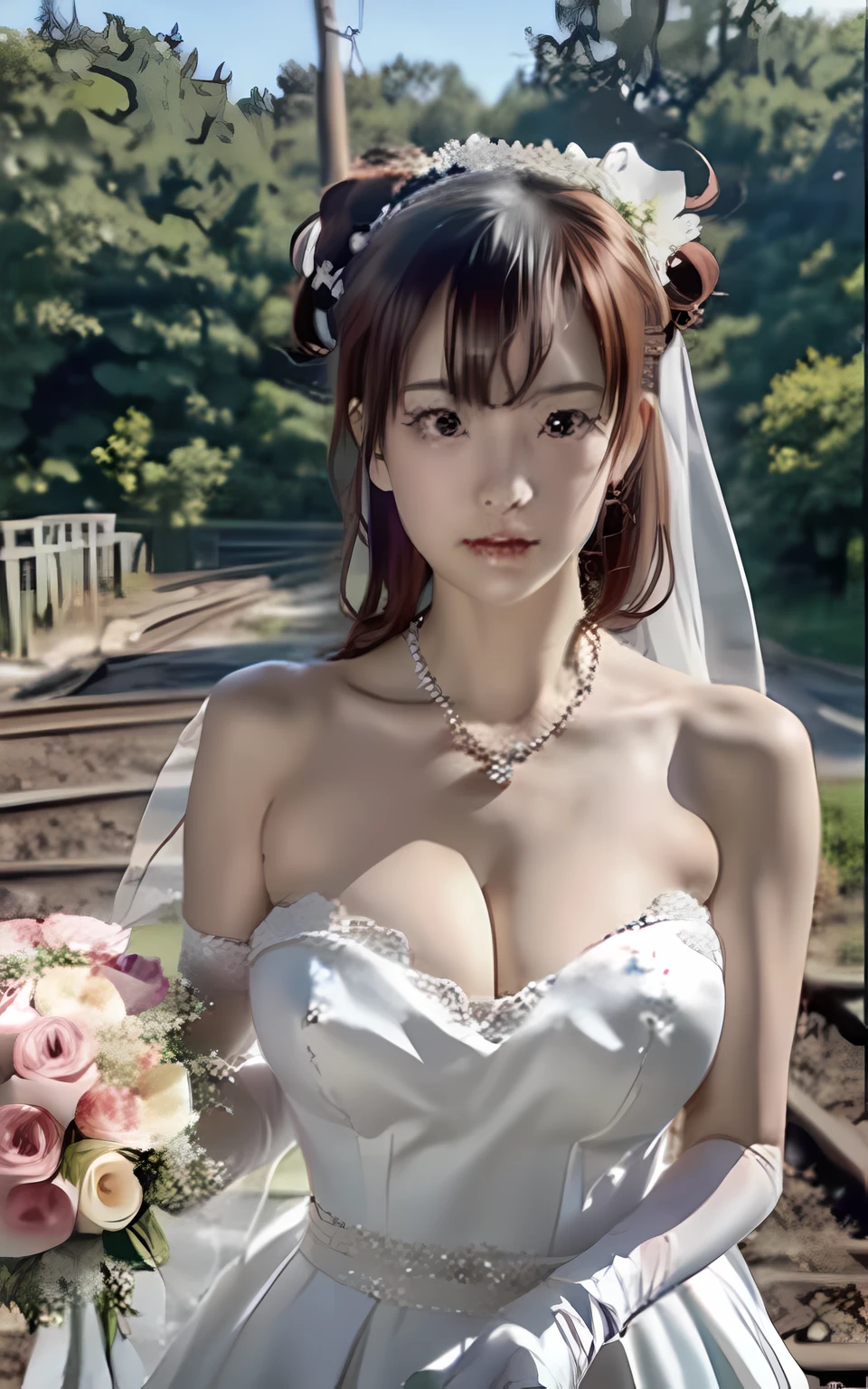 (((Pixel perfect, Perfect details))), alone, 1 girl,bride, Yuigahama Yui, pout, 美丽bride穿美麗婚紗的特写,Gurwitz, (((bride頭紗))),(Transparent short veil),blush,eye shadow,blush,Head flower,hat,((bouquet)),((((tube top wedding dress)))),(((strapless wedding dress))),(bare shoulders),pure white dress,(necklace),((earrings)),(Big breasts:1.3),Bangs,lipstick,((White long elbow gloves)),Half body photo,High detail RAW color art,White long skirt,There is a railway track next to it,(standing on the railroad tracks:1.3),18 years old, (long twintails:1.5),(twice as good:1.5), black hair,