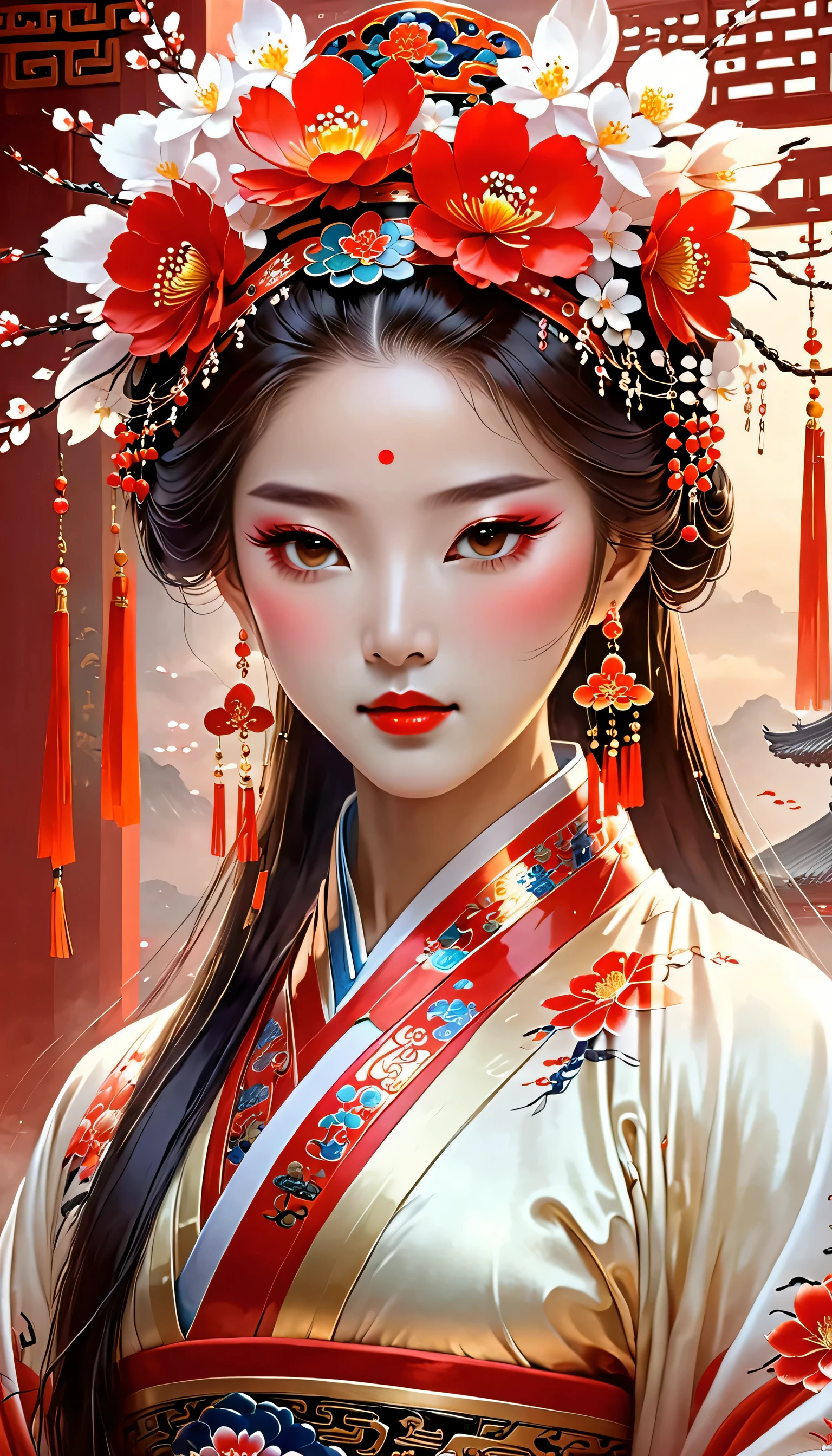 (masterpiece, best quality:1.2),,Nuwa holds the sacred stone,Fix the big hole in the sky。Her body is painted red,Symbolizes her courage and strength。Her hair and clothes are white,Symbolizing her purity and holiness。around her,is a dark sky,Symbolizes disaster and danger。Nuwa’s sacred stone shines brightly,Illuminates the whole picture,Symbolizes hope and redemption。 Close-up of woman wearing floral headdress, palace , girl wearing hanfu, beautiful fantasy queen, ancient chinese princess, ((beautiful fantasy queen)), chinese princess, queen of china, beautiful figure painting, Gurwitz style artwork, A beautiful artistic illustration, guweiz, Beautiful digital art work, Beautiful digital illustration