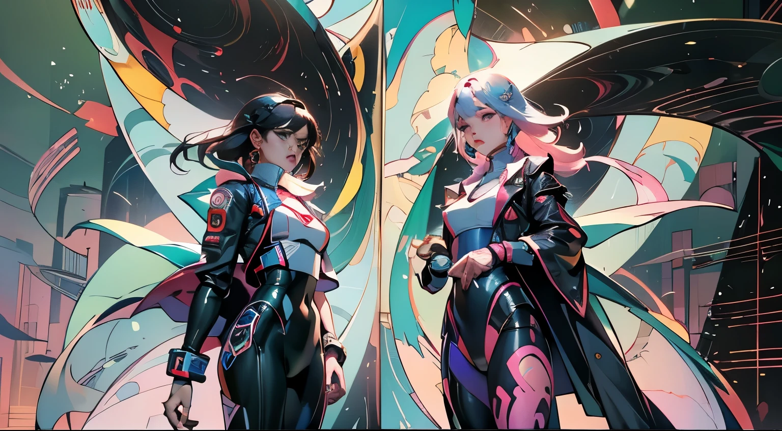 these are two women in black leather suits, standing next to each other, krenz cushart and wenjun lin, Ross Tran and Bayard Wu, wlop and ross tran, by Jeonsuk Lee, beautiful sci-fi twins, Nikse and Sakimičan, Russell Dongjoon Lu, WLOP and Sakimichan, where is Sam
