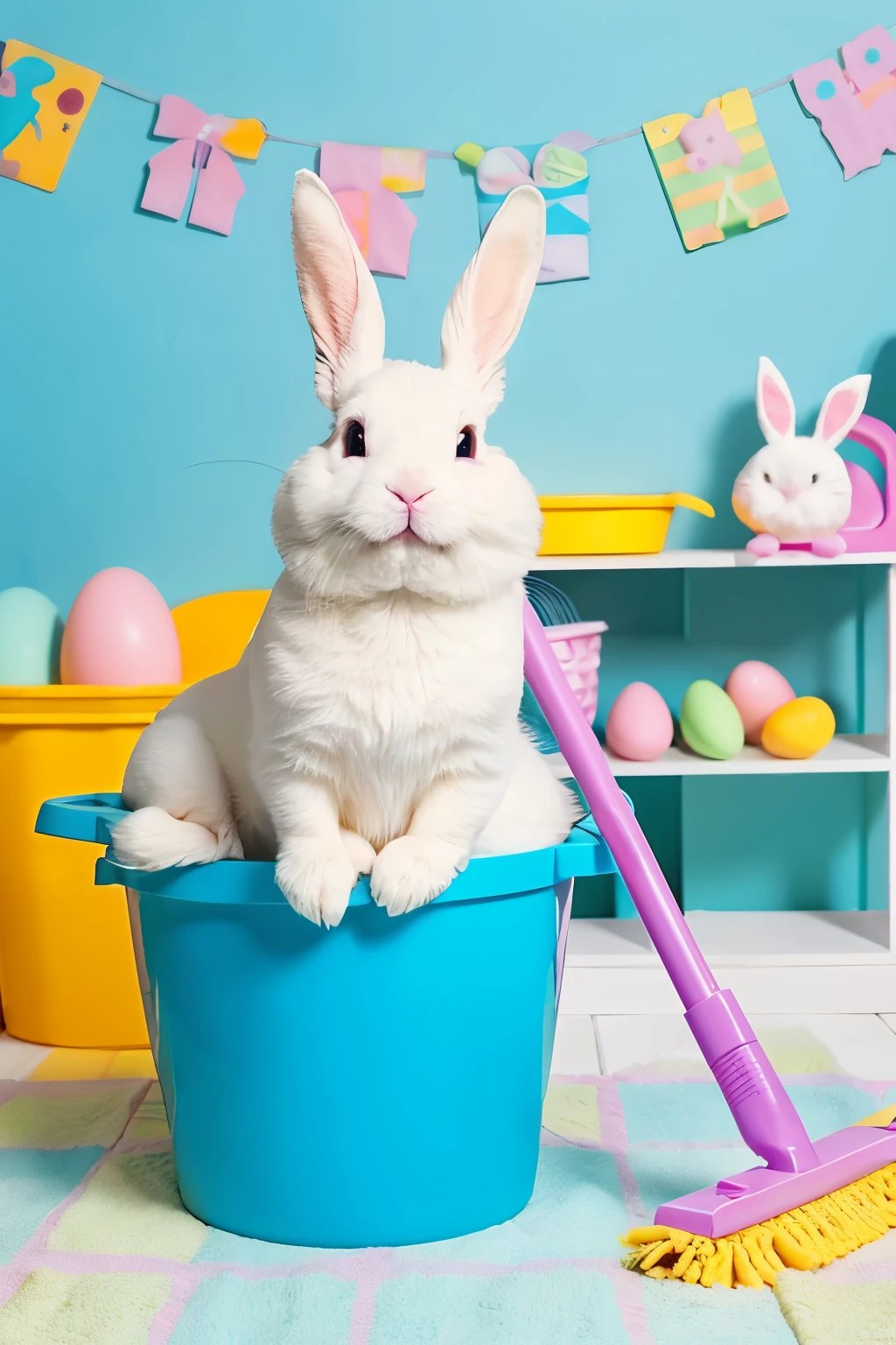 smiling easter bunny holding a mop and cleaning bucket in a clean house, with colorful easter eggs around, alta qualidade, estilo realista, luz realista, cores vivas
