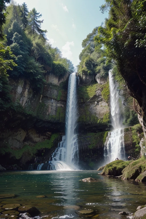 create an image that represents a waterfall, avec de l'eau, des rochers, des arbres, et des mousses.