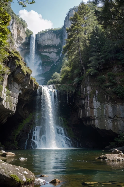 create an image that represents a waterfall, avec de l'eau, des rochers, des arbres, et des mousses.