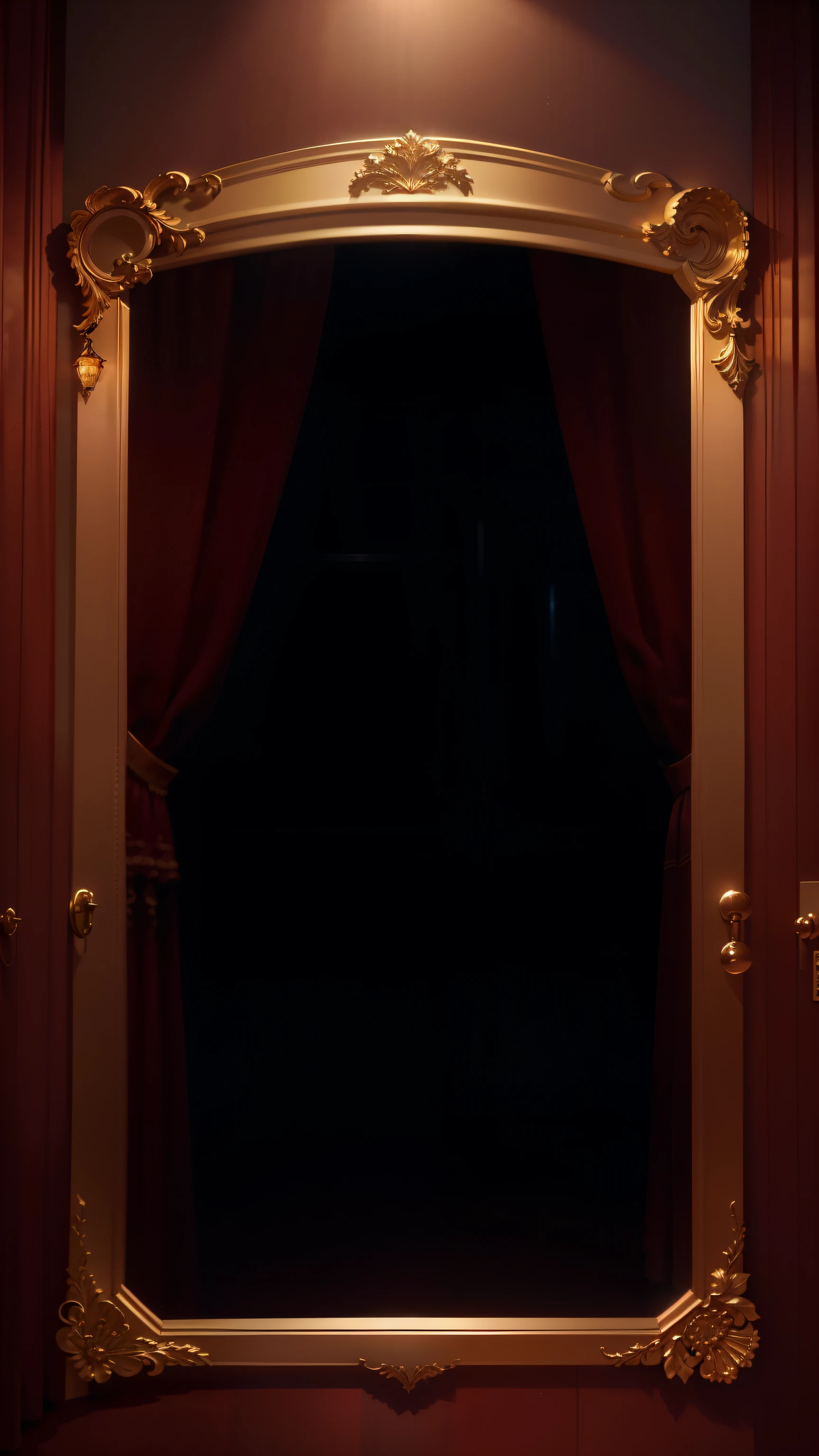 There is a mirror on the wall of the room，Curtains hanging on the wall, Background made of large curtains, Detailed cinematic footage, personal room background, red curtain, dark movie lights, Movie details, movie poster without text, background in movies, Realistic establishing shot, The movie is still in 8k, Realistic cinematic shots, long shot, doorway, close shot