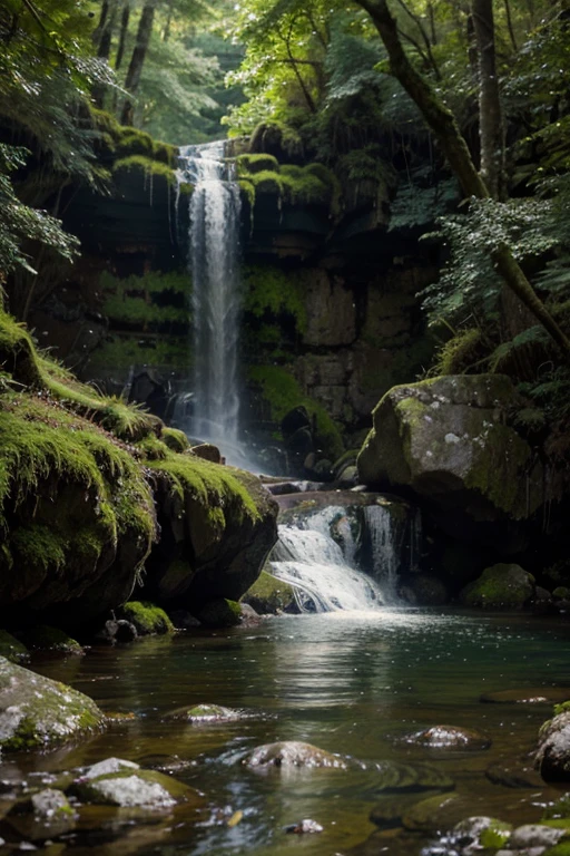 Create an image of a waterfall, with water, rocks, trees and moss.