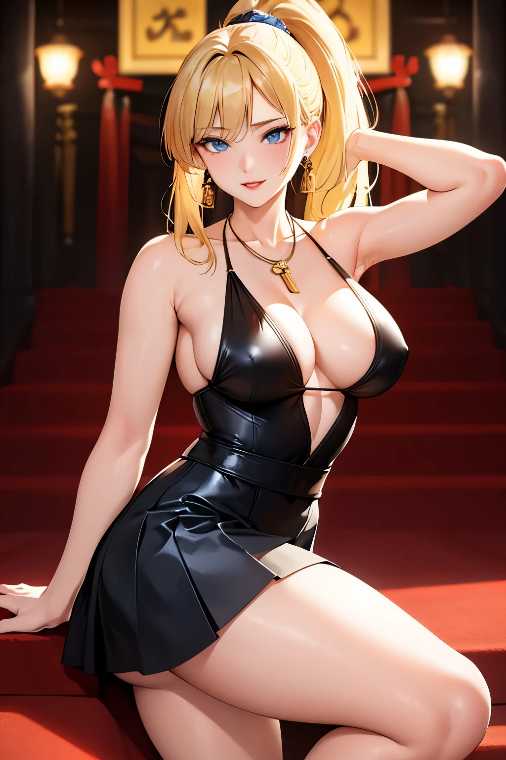 (masterpiece), best quality, expressive eyes, perfect face, blonde hair, blue eyes, yellow_earrings, necklace , mature woman (27 years old), Red lipstick, medium breasts, medium legs, peircings, bangs, tsurime Eyes , ponytail, soft lighting, light makeup,, smille, micro skirt, black tube top ,red tree , temple background, sexy pose
