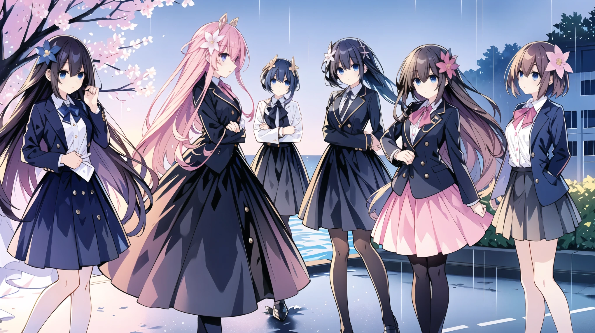 two anime characters are standing at a crosswalk in the rain in anime styled clothing, bow, parted lips, armor, blush, multiple girls, blue eyes, flower, outdoors, long hair, skirt, hair flower, pink flower, rain, hair ornament, shirt, helmet, bangs, black skirt, brown hair, white shirt, collared shirt, 6+girls, pleated skirt, profile, hair between eyes