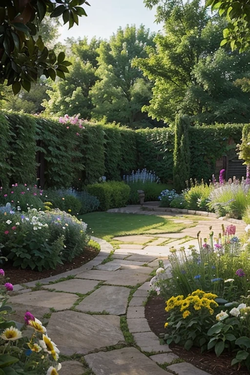 create a picture of a garden, with flowers, trees, birds and insects.