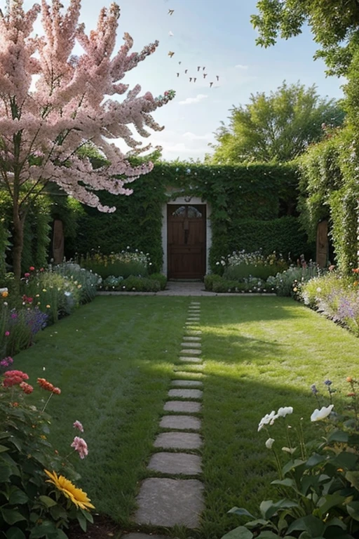 create a picture of a garden, with flowers, trees, birds and insects.