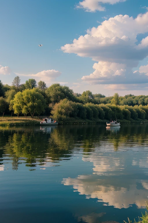 create a picture of a lake, with water, reflections, boats and birds.