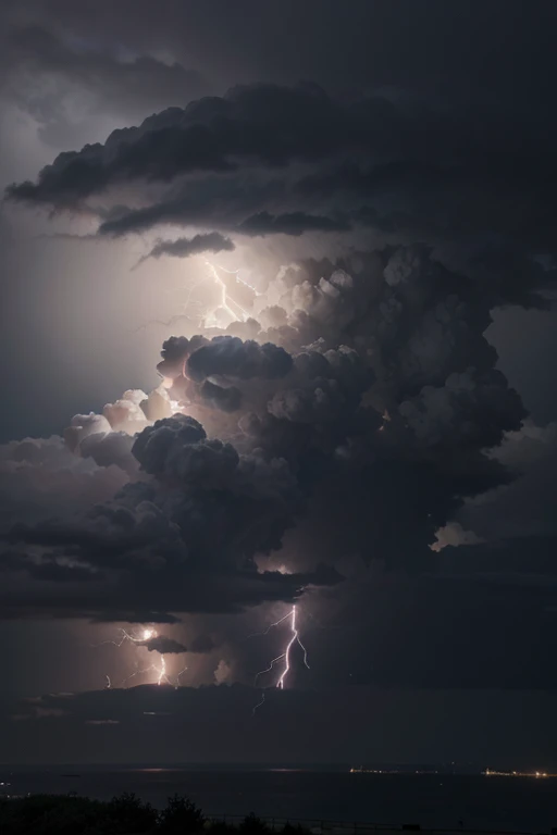 créez une image qui représente une tempête, avec des nuages noirs, lightning, du tonnerre, et des arbres qui se penchent.