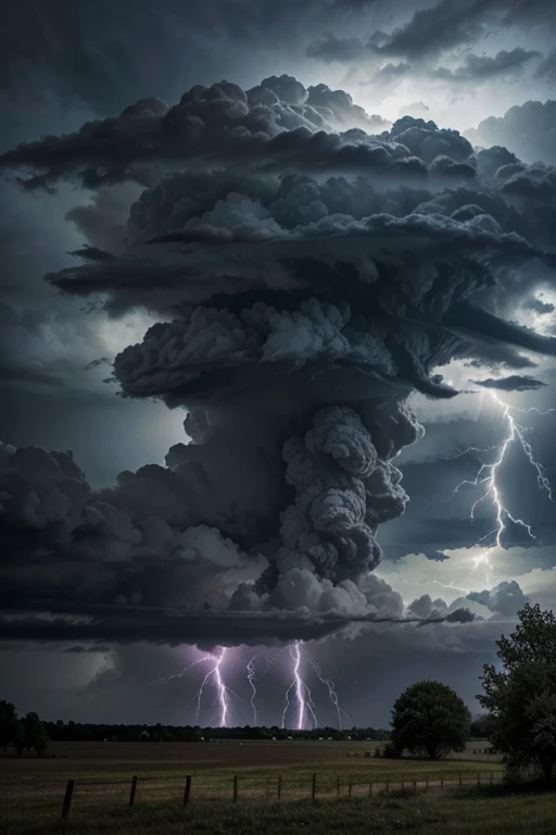 create an image that represents a storm, with dark clouds, lightning, thunder and leaning trees.