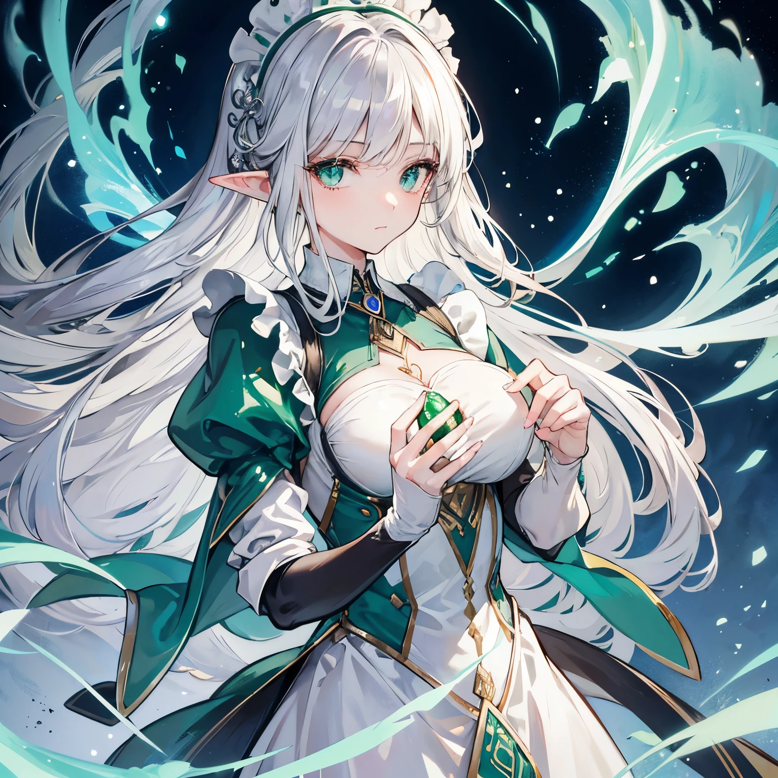 Elf, female (strikingly beautiful), silver hair (long), emerald green eyes (almond-shaped), graceful, elegant, gentle (nature), caring (nature), healing (specialty), light manipulation (ability), ((maid))