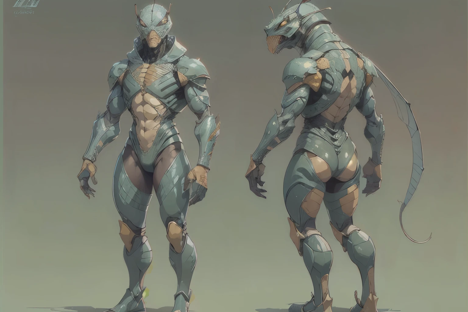 (Same character, front, side, back), (full body), generative front view, side view, back view, 3 view, 8k wallpaper, (HDR:1.2), male, extremely detailed, lizard head, 3 d character reference sheet, black exoskeleton, concept art, detailed character design, full body illustration, full body character design