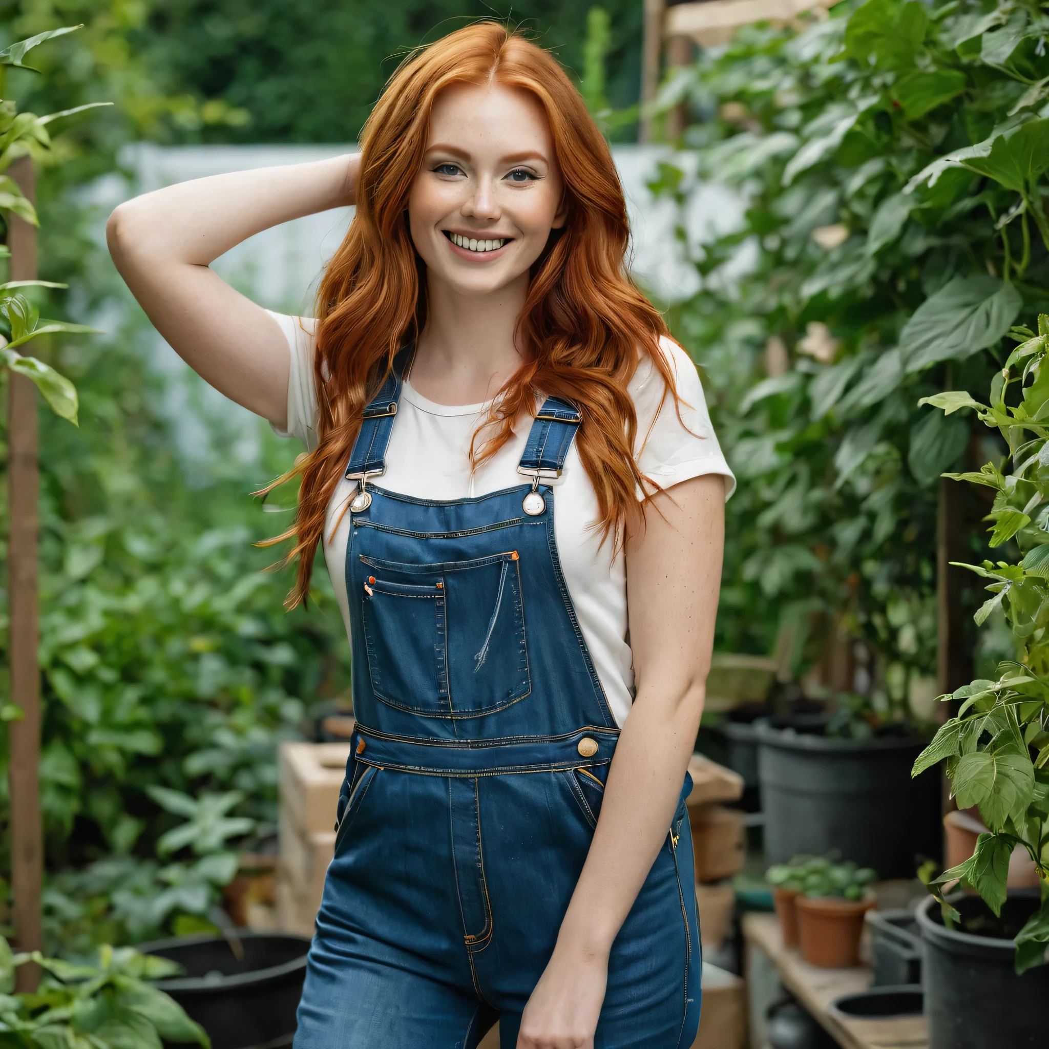 Beautiful 25 year old woman (perfektes Gesicht), Rothaarige, lange rote Haare, little smile, blasse Haut, very big breasts, weibliche Figur, hole body, she wears dungarees with lots of details, Augen mit hohem Detailreichtum, Perfect body, Hautpo, natural skin, Garten, Meisterwerk, Fotorealistisch, RAW-Foto, Best quality, high resolution, satte Farben, Hintergrundbeleuchtung, filmische Beleuchtung, Filmkorn, RAW-Foto, 50mm lens, Nikon D850, warme Farben