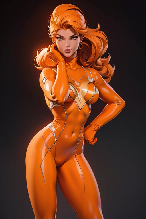 (best quality,8k:1.2,high resolution:1.2),ultra-detalhado,Realistic,retro science female,static pose,long hair,rosto extremamente detalhados,long eyelashes,all sheer light orange Collant de nylon Apertado,white pantyhose, light orange gloves,light orange Glossy metalic accessories,Physically-based rendering,sharp focus,studio lighting