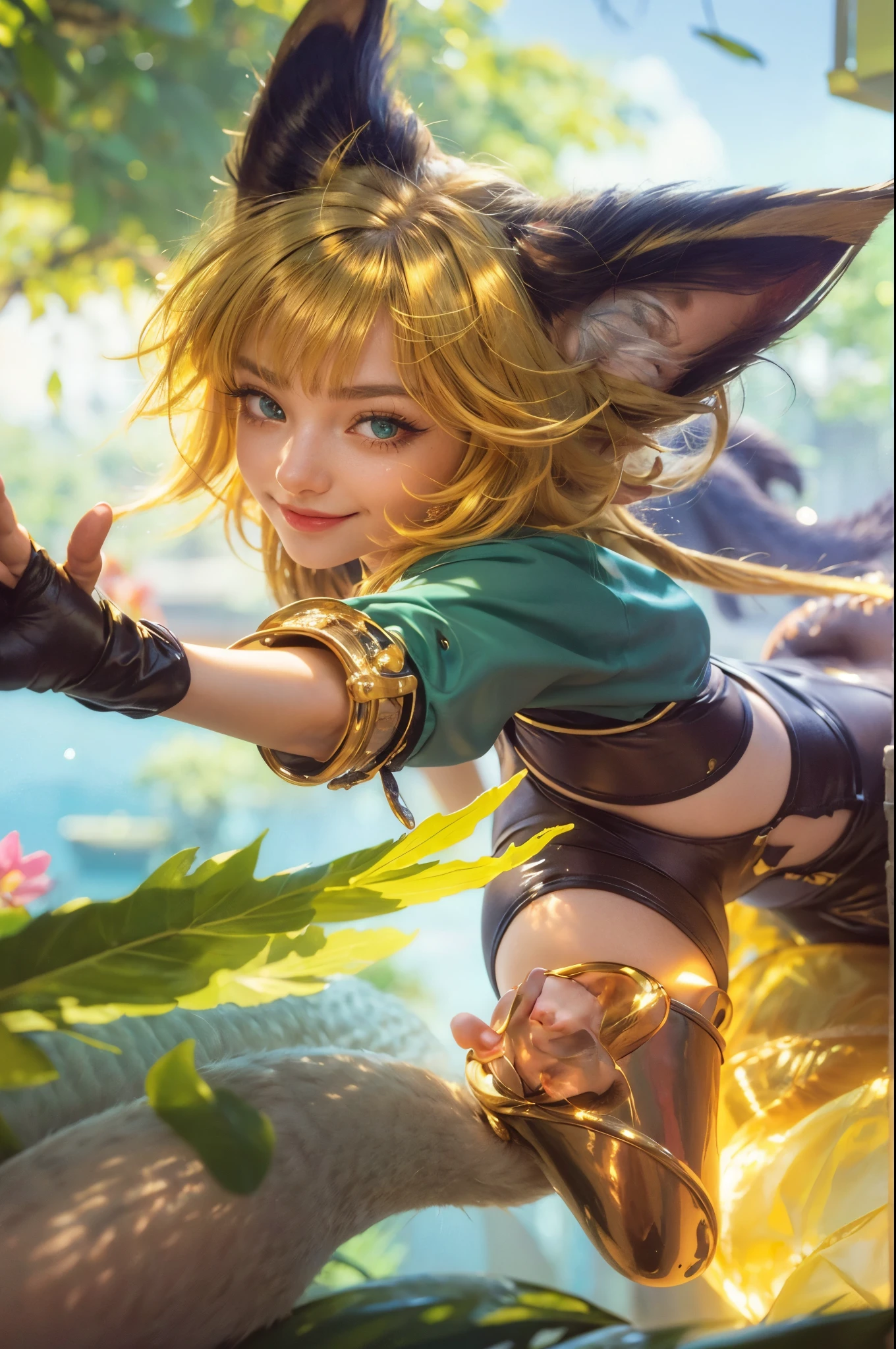 (best quality, highres, ultra-detailed), close up of a girl with cat ears and a cat tail, green cat eyes, happy face, golden hair, beautiful detailed eyes, beautiful detailed lips, long eyelashes, realistic, vivid colors, soft lighting, vibrant background