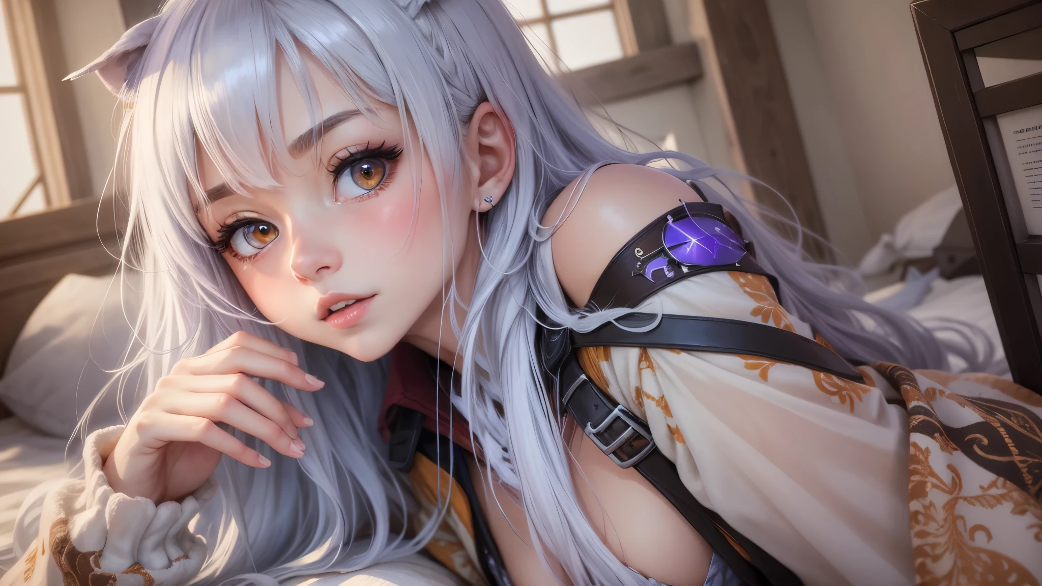 Best quality, Ultra detailed, illustration, silver hair, Aimei，Long-haired，Cute face，beautiful breasts，turned around，close，Corner, To show your breasts，finely detail，perfect fingers，long sleeve，leaning over，red blush，embarrassed of，Bring your face closer，One person&#39;s point of view，Hanging udder，leaning over вперед，ashamed、bed，Bath towels