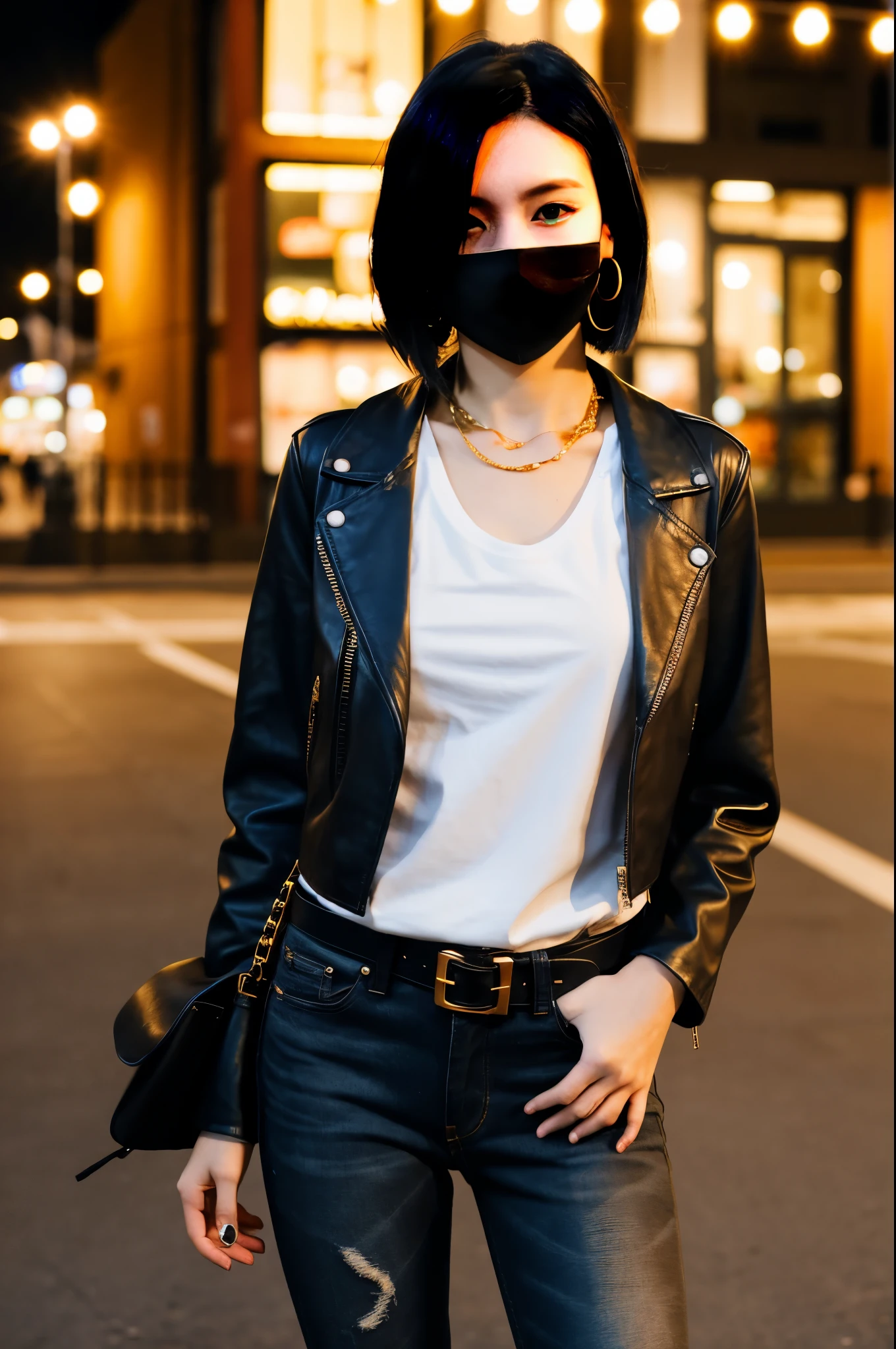 woman,one person,20th generation,boyish,shortcut,black hair,punk fashion,whole body,black mask,leather jacket,Slim fit jeans,Dr. Martens Boots,leather belt,
golden earrings,golden necklace,downtown at night,white t-shirt
