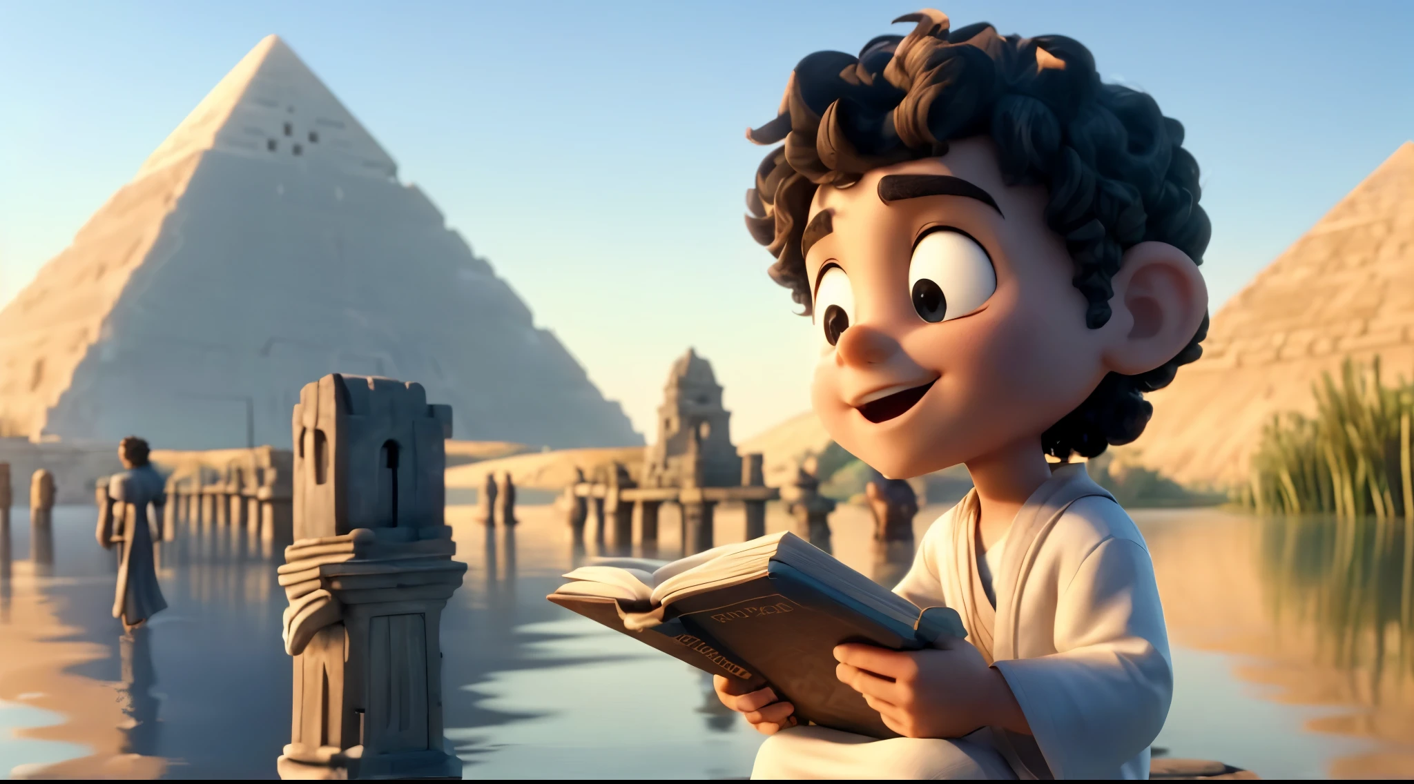 In the image, a boy is reading a book by a body of water with pyramids in the background. The sky is blue and there are no clouds. The boy has curly hair and is wearing a white robe. He is holding an open book with a brown cover. To the left of the boy, there are two wooden pillars jutting out of the water. In the distance, there are three statues on the shore. The leftmost statue is of a person holding a flower, the middle statue is of a person with their arms outstretched, and the rightmost statue is of a person with their hands on their knees.