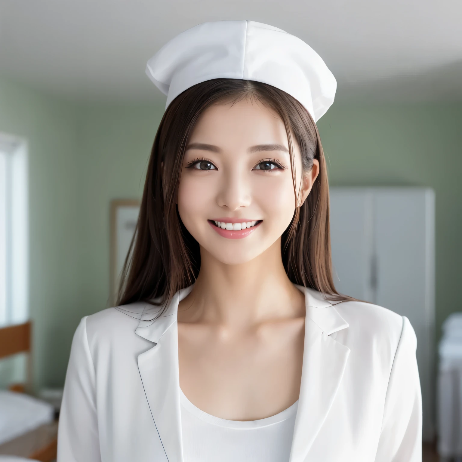 (highest quality、table top、8K、best image quality、Award-winning work)、1 nurse、(solo:1.2)、(The perfect and most natural nurse&#39;s pure white lab coat:1.1)、(Perfect and most natural white plain nurse cap:1.1)、The most natural and perfectly organized hospital room、A perfectly organized hospital room、The most natural and practical hospital room、blurred background、big breasts、emphasize body line、(standing elegantly:1.1)、(beautiful nurse advertising image:1.1)、(Photo above the chest:1.1)、the biggest smile looking at me、accurate anatomy、(Beautiful skin that shines very brightly:1.3)、(very bright:1.3)、Super high-definition glossy skin、Super high-definition sparkling eyes、Super high definition beautiful hair、Super high definition beautiful teeth