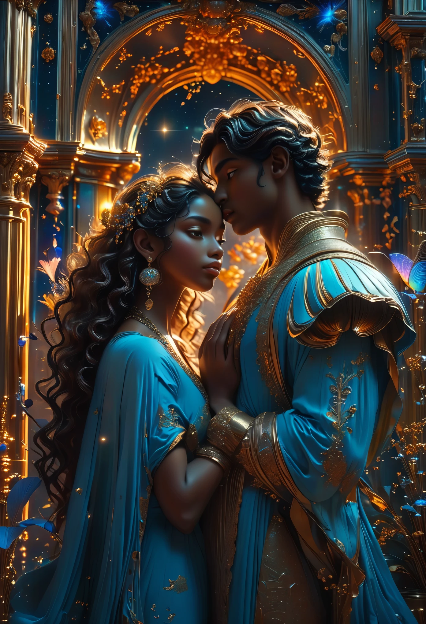 Romance in a celestial coronation, le titre est Soulmate, un jeune couple Indian and Brazilian (((brown skin))) de 16 ans in a heavenly land, a celestial impress with long brown curly hair, visage très fins, (((very beautiful))), visages parfait, corps entier, 8K, extremely detailed, (high quality,realistic,photorealistic:1.37), Full body, ideal proportions and defined complexion, meticulously crafted features, unreachable beauty, perfection, breathtaking elegance, g curves, goddess-like figures, divine symmetry, artistic masterpieces, vivid realism, hyper-detailed sculptures, life-like forms, truly awe-inspiring, impeccable craftsmanship, pure radiance, ethereal beauty, delicate contours, striking poses, sublime beauty, subtle nuances, dynamic compositions, vibrant colors, perfect lighting, soulful expressions, celestial aura, majestic presence, dreamlike atmosphere, unmatched gdetailed octane render trending on artstation, 8 k artistic photography, photorealistic concept art, soft natural volumetric cinematic perfect light, chiaroscuro, award - winning photograph, masterpiece, oil on canvas, raphael, caravaggio, greg rutkowski, beeple, beksinski, gigerrace and elegance, dazzling perfection, magnificent creations., by Jacob Lawrence and Francis picabia, perfect composition, beautiful detailed intricate insanely