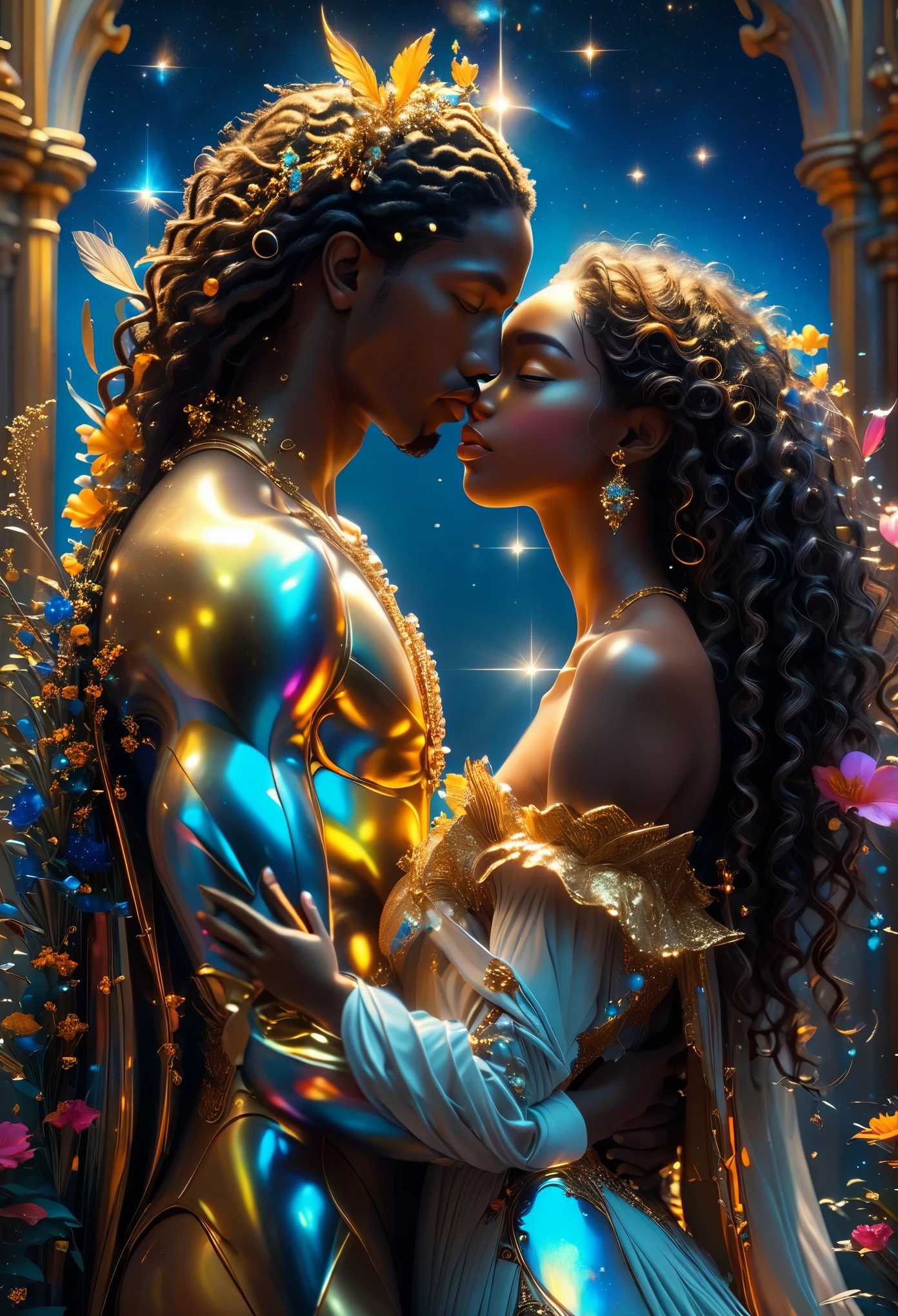 Romance in a celestial coronation, le titre est Soulmate, un jeune couple Ethiopian and Brazilian  (((brown skin))) de 16 ans in a heavenly land, a celestial impress with long brown curly hair, visage très fins, (((very beautiful))), visages parfait, corps entier, 8K, extremely detailed, (high quality,realistic,photorealistic:1.37), Full body, ideal proportions and defined complexion, meticulously crafted features, unreachable beauty, perfection, breathtaking elegance, g curves, goddess-like figures, divine symmetry, artistic masterpieces, vivid realism, hyper-detailed sculptures, life-like forms, truly awe-inspiring, impeccable craftsmanship, pure radiance, ethereal beauty, delicate contours, striking poses, sublime beauty, subtle nuances, dynamic compositions, vibrant colors, perfect lighting, soulful expressions, celestial aura, majestic presence, dreamlike atmosphere, unmatched gdetailed octane render trending on artstation, 8 k artistic photography, photorealistic concept art, soft natural volumetric cinematic perfect light, chiaroscuro, award - winning photograph, masterpiece, oil on canvas, raphael, caravaggio, greg rutkowski, beeple, beksinski, gigerrace and elegance, dazzling perfection, magnificent creations., by Jacob Lawrence and Francis picabia, perfect composition, beautiful detailed intricate insanely

