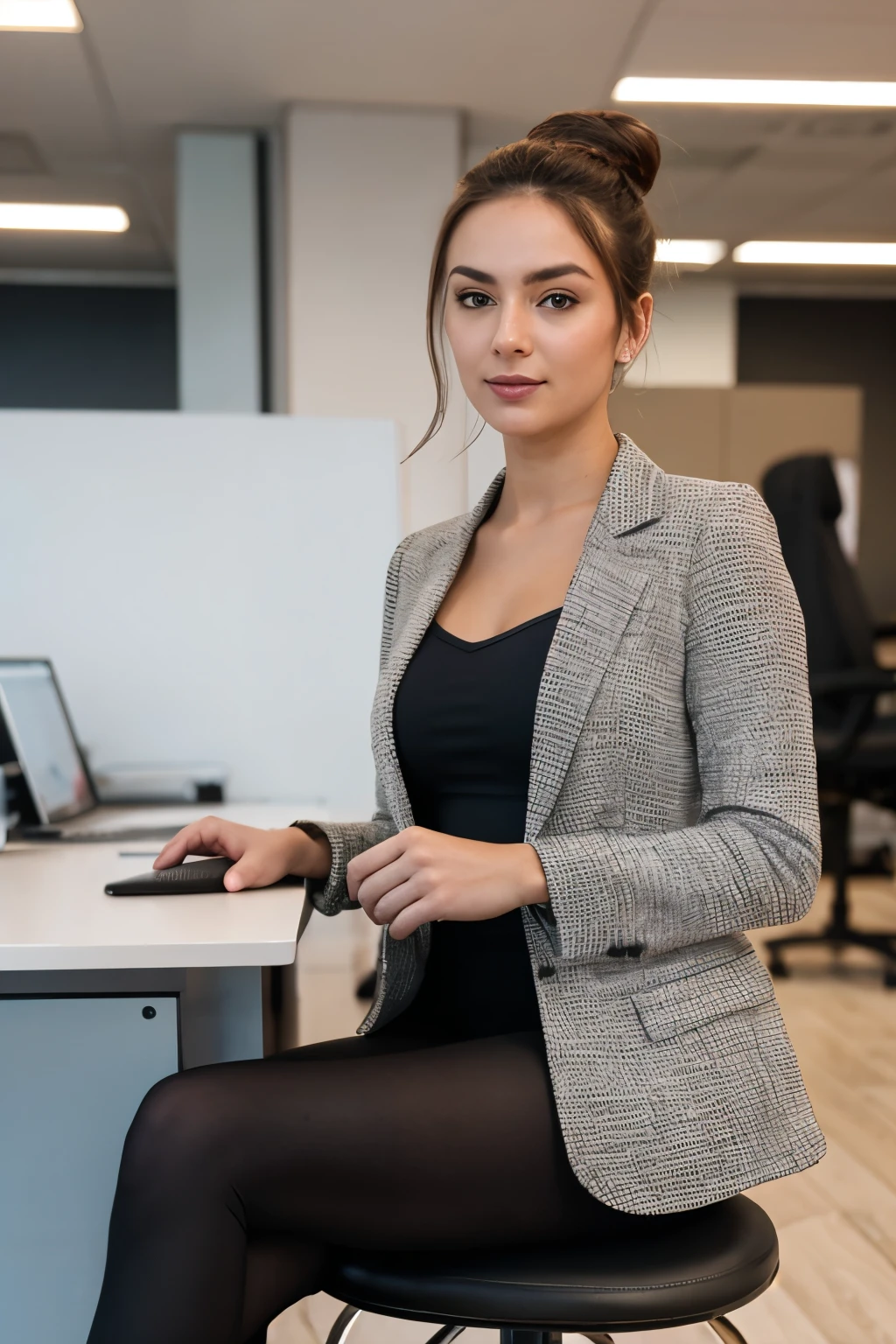 high detail, modern, Realism, Hyperrealism, cinematic lighting, depth of field, UHD, retina, masterpiece, acurate, anatomically correct, textured skin, super detail, high details, high quality, award winning, best quality, highres, 8k, Photo of a cute brunette woman with hair in a bun sitting in an office wear a black suit jacket with unbuttoned blouse pleasant atmosphere, american flag in the background dunkle Beleuchtung,