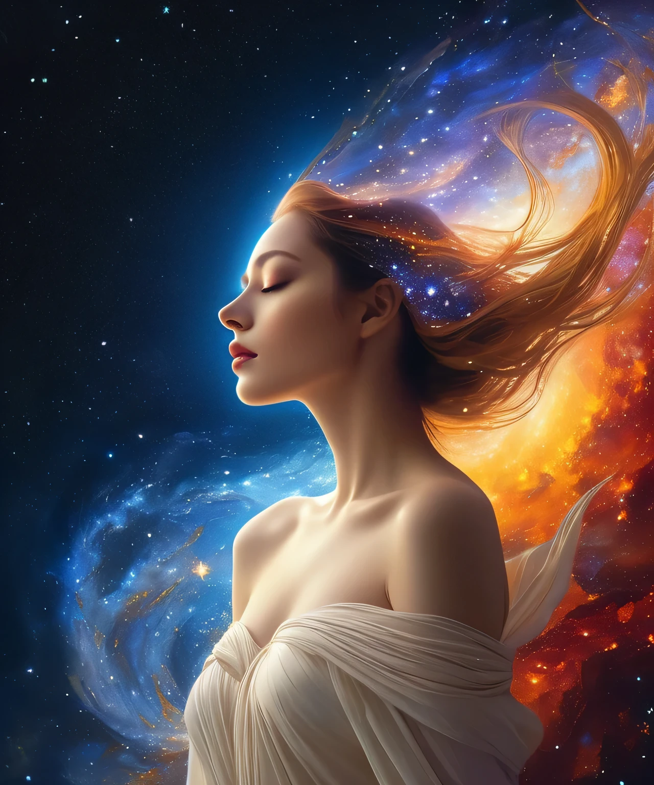 Stellen Sie sich eine ausgedehnte Astralebene vor, shines in the soft glow of starry yellow and red tones, endlos nach oben steigend. Im Mittelpunkt dieser himmlischen Landschaft steht eine erhabene Frau, with a bright white body, exudes a feeling of deep power and attraction. pretty face, beautiful eyes, has distinctive luminous attributes, as if they were gently connecting with the astral tissue. The lower half of its shape turns dark, vaporous essence, die wie ein Kometenschweif hinterherschwebt, verschmilzt mit den astralen Farben. The portrait is intended to capture the magnificent presence of a being in complete harmony with the cosmos, eine Inkarnation des Surrealen und Mystischen.