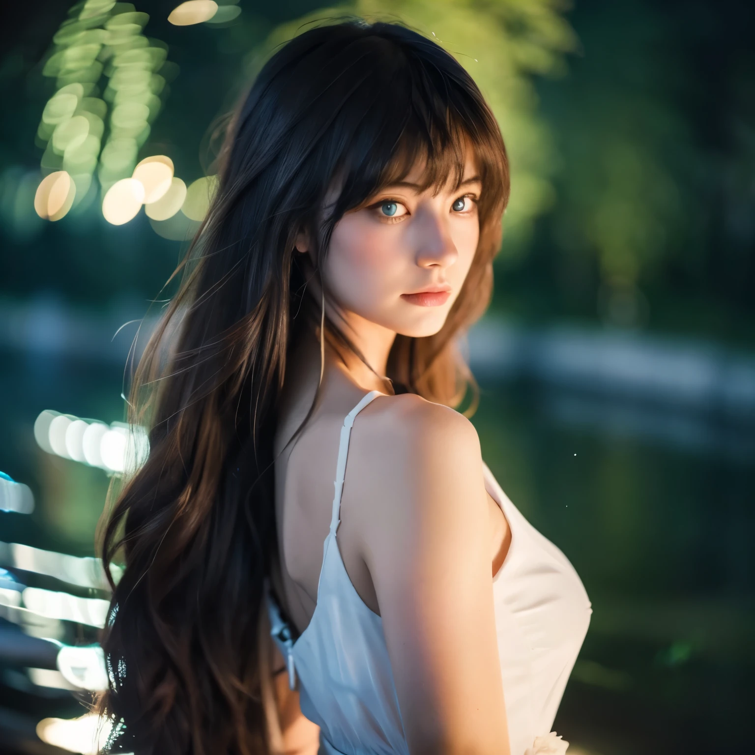 original, (masterpiece), (illustration), (extremely fine and beautiful), (perfect details), (unity CG 8K wallpaper:1.05), (beautiful and clear background:1.25), (depth of field:0.7),1girl, (stands aside the river:1.15).(hair blowing with the wind:1.1), (moon light:0.6), tree, (summer), (night:1.2), (close-up:0.35), (gloves:0.8), solo