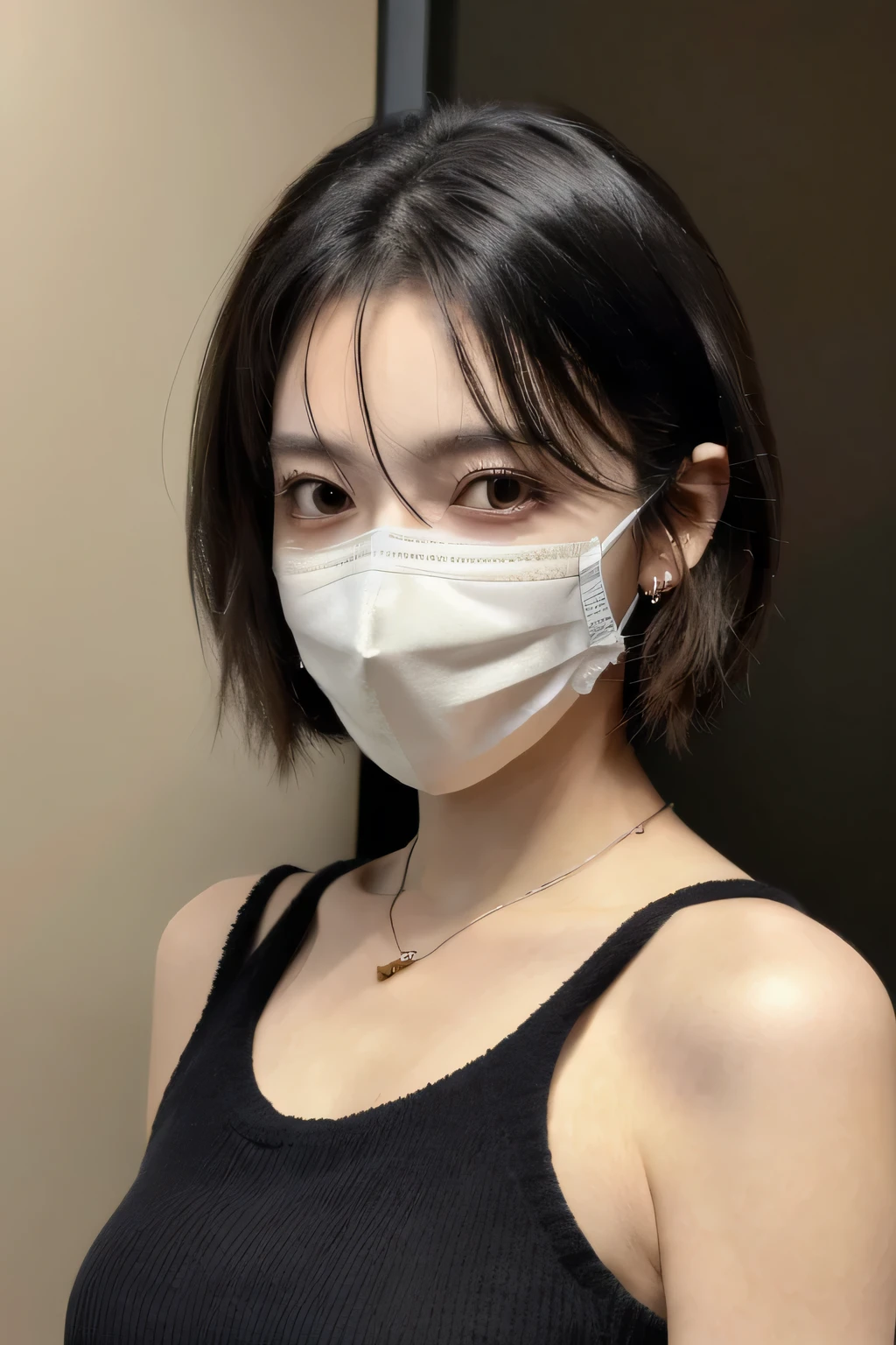 8K, highest quality, masterpiece, ultra high resolution, (realistic: 1.4), Raw photo, realistic skin texture, (film grain: 1.3), 1 girl, Beautifully detailed eyes and face, masterpiece, highest quality, Upper body, japanese idol, Fair skin, mask, natural blurred background, close, Other shots, big, front photo, hide your face on your phone, Face covered, Wearing a mask, necklace around neck、dark eyeliner、black hair、hairstyle shortcut、beige knit、ear piercing、maskを顎にずらしてます