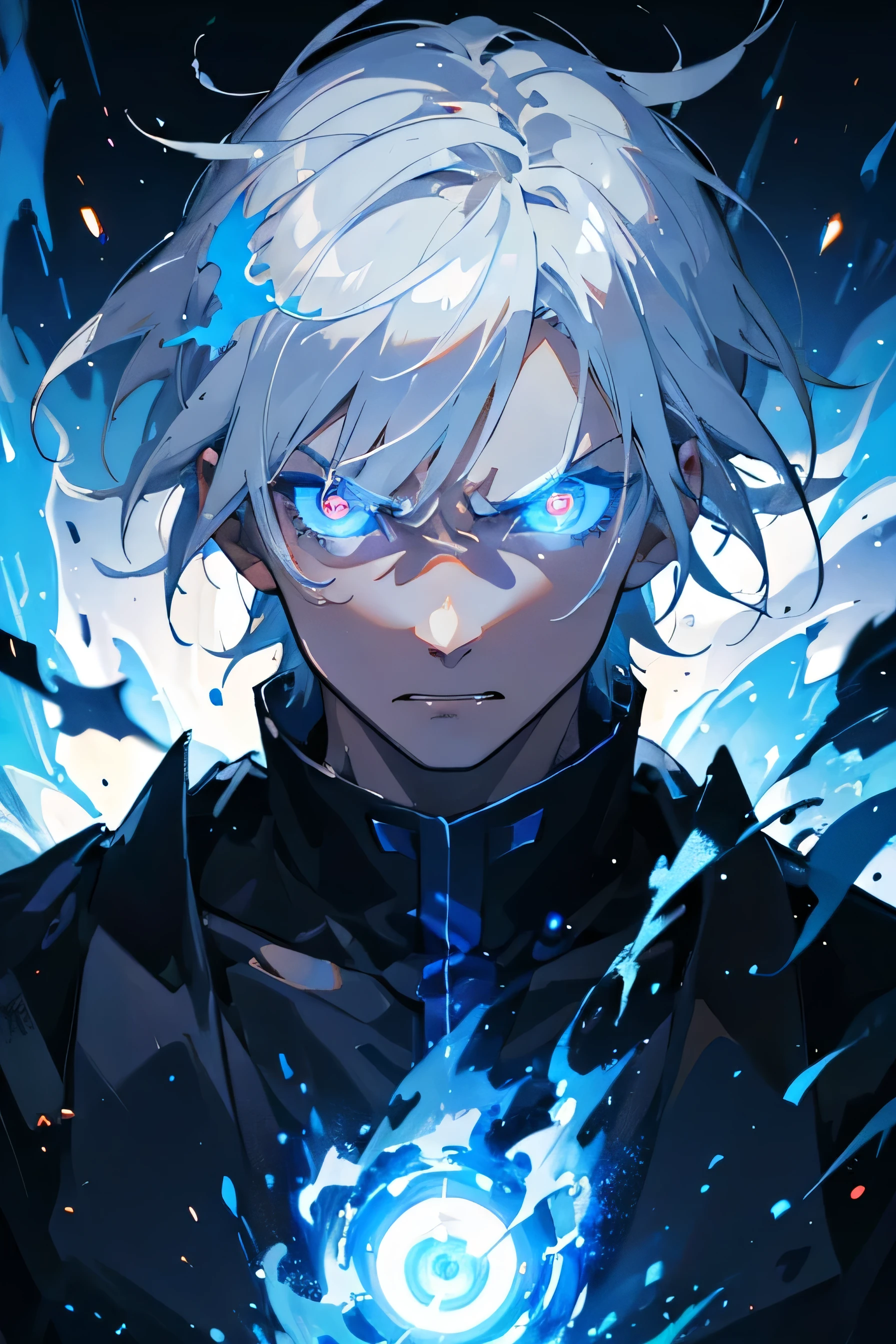 masterpiece, high quality, portrait, anime style, male, super close up, angry look, fury, glowing eyes, white hair, blue lightings, blue flames
