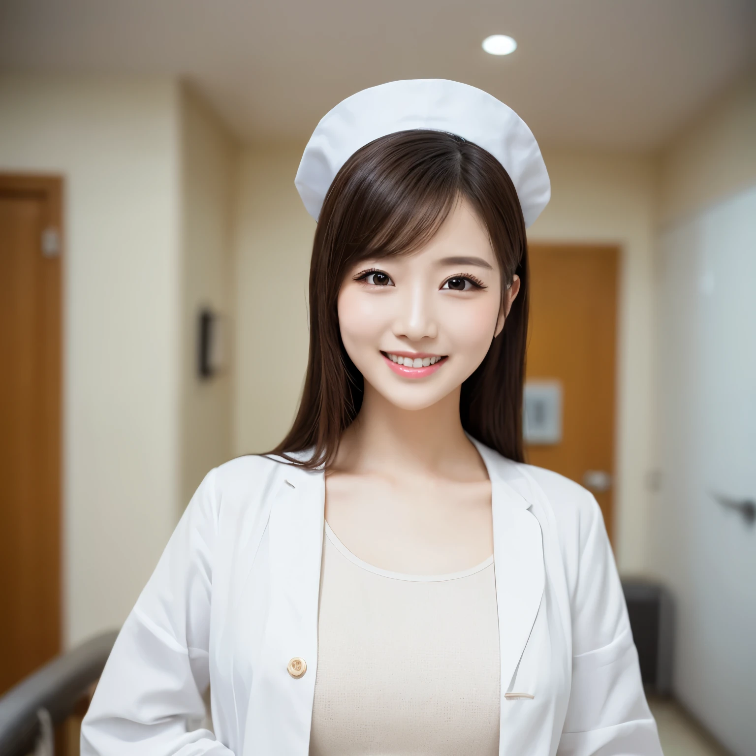 (highest quality、table top、8K、best image quality、Award-winning work)、1 nurse、(solo:1.2)、(The perfect and most natural nurse's pure white lab coat:1.1)、(Perfect and most natural white plain nurse cap:1.1)、The most natural and perfectly organized hospital room、A perfectly organized hospital room、The most natural and practical hospital room、blurred background、big breasts、emphasize body line、(standing elegantly:1.1)、(beautiful nurse advertising image:1.1)、(Photo above the chest:1.1)、the biggest smile looking at me、accurate anatomy、(Beautiful skin that shines very brightly:1.3)、(very bright:1.3)、Super high-definition glossy skin、Super high-definition sparkling eyes、Super high definition beautiful hair、Super high definition beautiful teeth