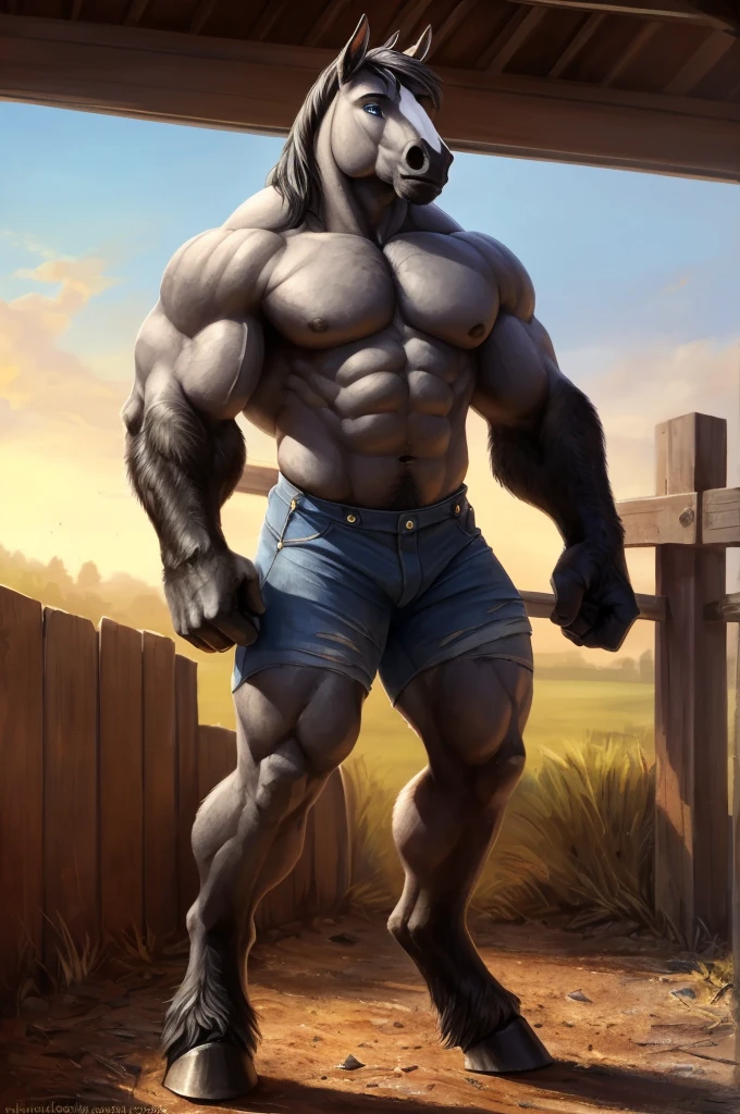 4k, high resolution, best quality, perfect colors, perfect shadows, perfect lighting, posted on e621, correct body proportions, tall, (soft realistic colours), (broad shoulders:1.6), (wide torso:1.2), (thick forearms:1.7) furry body, solo, anthro stallion male, full height, (thick:1.3) equine:1 hooves, thick:1 calves:1:3, (huge:1 hooves):1.7, brutal, horse tail, (huge upper body, very muscular, bodybuilder build, ripped, manly, beefy:1.5), (flat stomach:1), bare torso, correct anatomy, (realistic fur:1.4), detailed background, farm background, (correct hands), natural lights, (by zeforge:1.6, grimfaust:1.4, kenket:1.2), (big blue equine eyes:1.3), (farm overalls:1), (grey fur over whole body, darker over calves, (darker grey over forearms:1.3) and darker over nose, black mane), (shy expression, flustered expression, bothered expression, sad):1