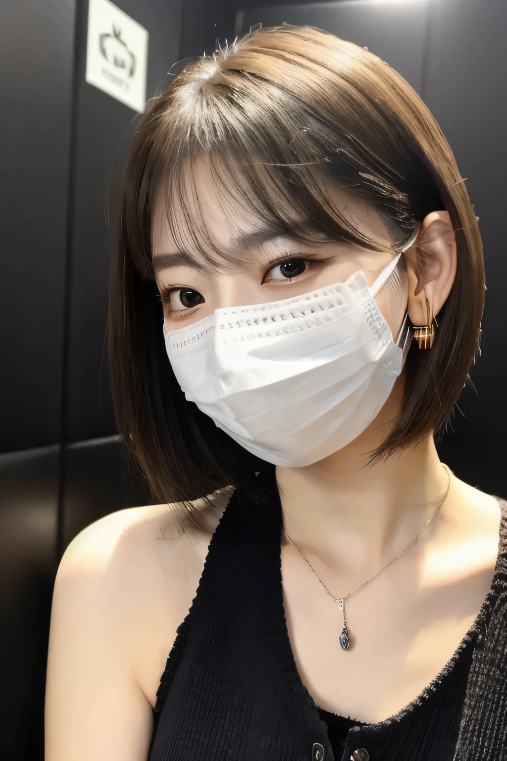 8K, highest quality, masterpiece, ultra high resolution, (realistic: 1.4), Raw photo, realistic skin texture, (film grain: 1.3), 1 girl, Beautifully detailed eyes and face, masterpiece, highest quality, Upper body, japanese idol, Fair skin, mask, natural blurred background, close, Other shots, big, front photo, hide your face on your phone, Face covered, Wearing a mask, necklace around neck、dark eyeliner、black hair、look at the camera、smile、ear piercing、beige knit、hairstyle shortcut、maskを顎にずらしてます