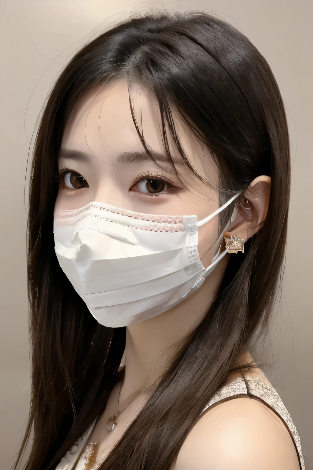 8K, highest quality, masterpiece, ultra high resolution, (realistic: 1.4), Raw photo, realistic skin texture, (film grain: 1.3), 1 girl, Beautifully detailed eyes and face, masterpiece, highest quality, Upper body, japanese idol, Fair skin, mask, natural blurred background, close, Other shots, big, front photo, hide your face on your phone, Face covered, Wearing a mask, necklace around neck、dark eyeliner、black hair、look at the camera、smile、ear piercing、beige knit、maskを顎にずらしてます