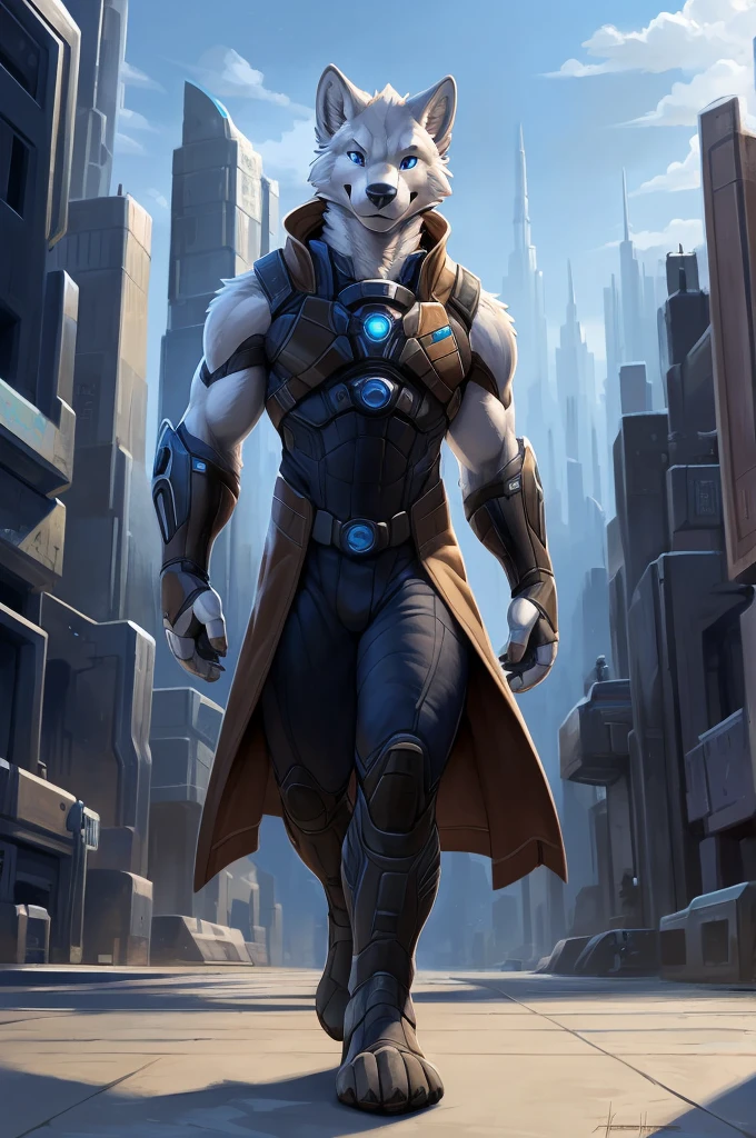 Front view, (mass effect game):1.4 full height, anthro (white wolf), male, white wolf, adult, solo, skinny:1, slim:1 build, tall,  (brown:1 futuristic high tech cloths, brown vest, coat), dark pants, robotic paws, correct anatomy, tail, skinny:1.9, (white:1 fur, detailed fur:1.4), smiling, (high quality ultradetailed:1 blue eyes), futuristic city background, photorealistic, hyperrealistic, ultradetailed, (masterpiece:1.2), epic, natural lighting, (by takemoto arashi, by meesh, by Taran Fiddler)