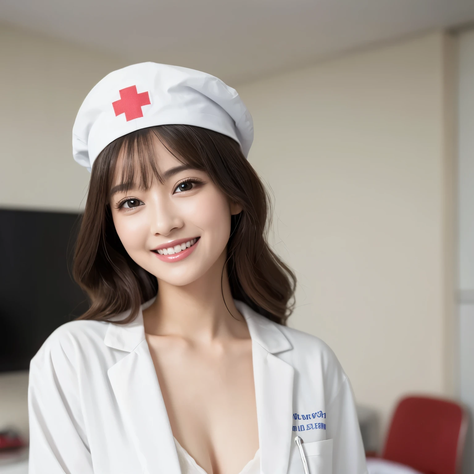 (highest quality、table top、8K、best image quality、Award-winning work)、1 nurse、(solo:1.2)、(The perfect and most natural nurse's pure white lab coat:1.1)、(Perfect and most natural white plain nurse cap:1.1)、The most natural and perfectly organized hospital room、A perfectly organized hospital room、The most natural and practical hospital room、blurred background、big breasts、the biggest smile looking at me、accurate anatomy、(Beautiful skin that shines very brightly:1.3)、(very bright:1.3)、Super high-definition glossy skin、Super high-definition sparkling eyes、Super high definition beautiful hair、Super high definition beautiful teeth