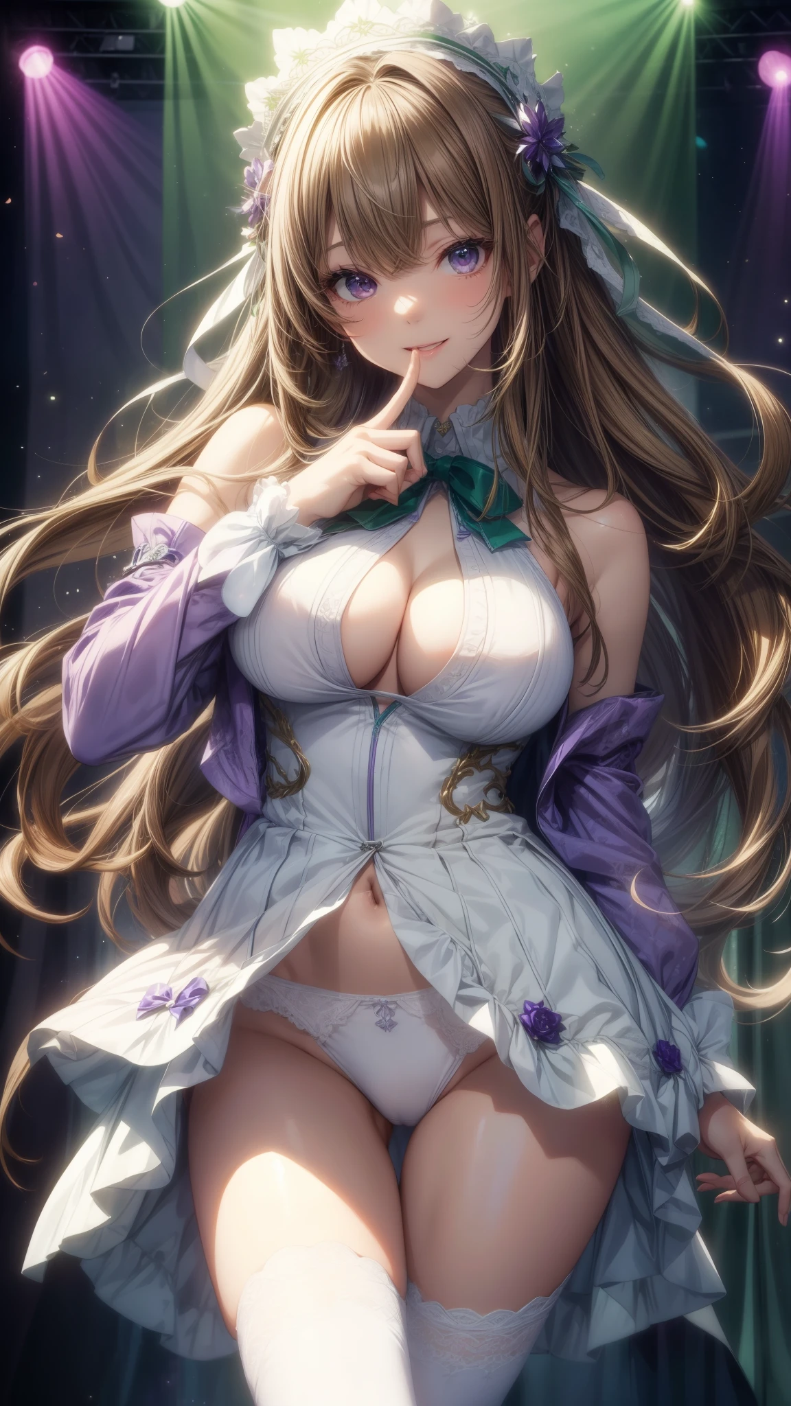 highest quality、All limbs、full finger、Slender beauty、straight hair、brown hair、Dereste、green, white and purple idol costume、white panties、high socks、beautiful big breasts、live stage、sing、dancing、big smile、sexually seducing me