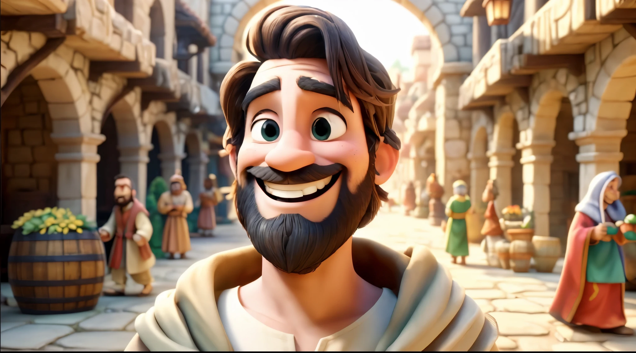 In the image, there's an animated character with a beard and a big smile. He has a wide, toothy grin and a joyful expression. He's wearing a beige robe and has a crown of thorns on his head. Behind him, there are several other animated characters dressed in colorful robes and hats. They appear to be walking through an archway into a town square. There are also barrels and a potted plant in the scene. The entire image has a warm, colorful, and lively feel.