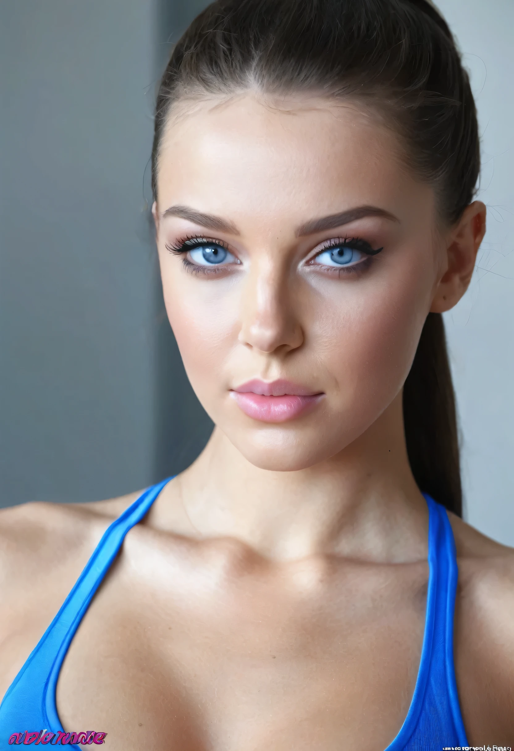 [Lana Rhoades : Adriana Chechik : 0.7], upper body view of a girl, faceshot, close-up, beautiful crystal clear blue eyes, perfect face, anatomically correct, very tight sport clothes