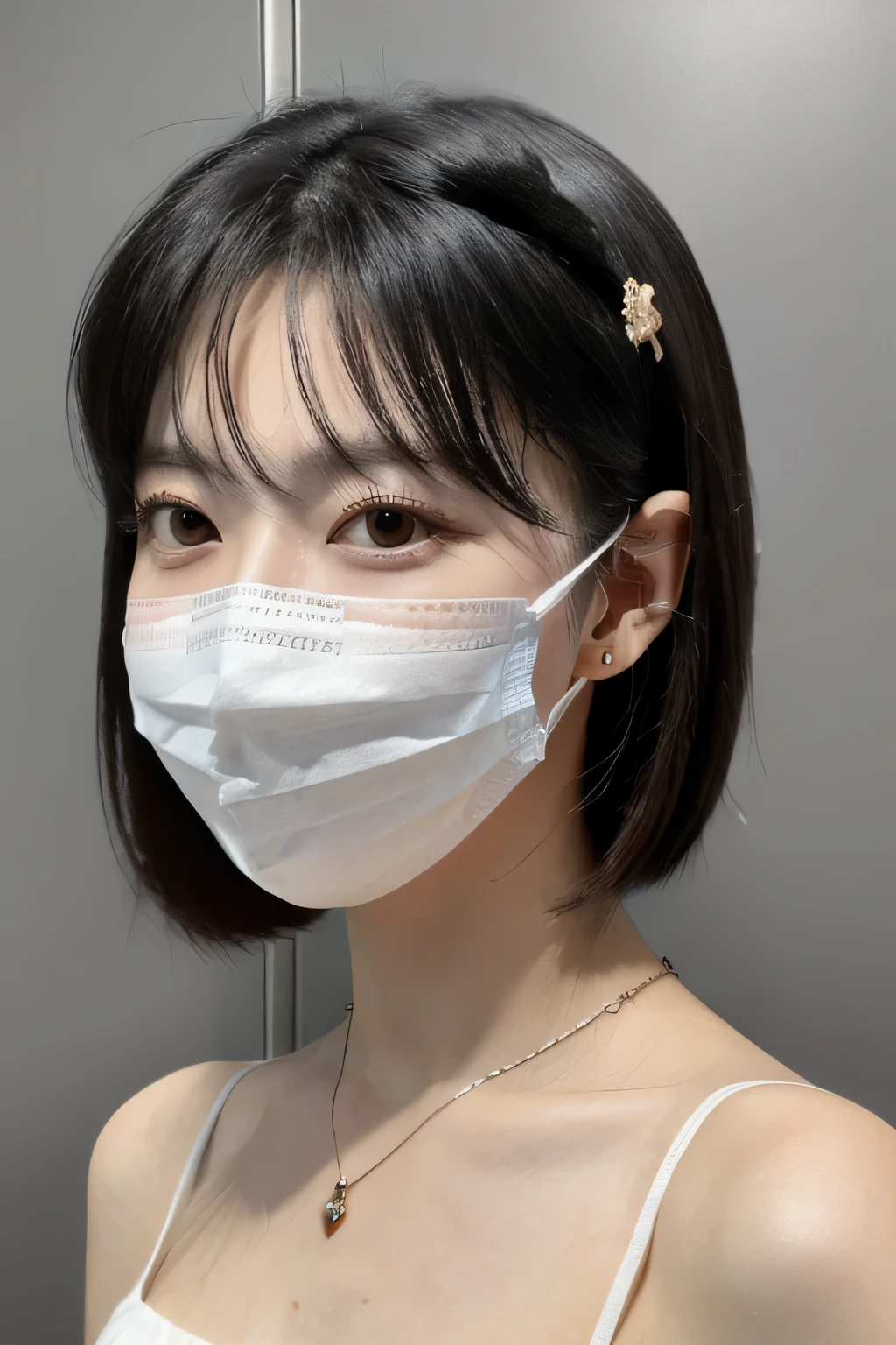 8K, highest quality, masterpiece, ultra high resolution, (realistic: 1.4), Raw photo, realistic skin texture, (film grain: 1.3), 1 girl, Beautifully detailed eyes and face, masterpiece, highest quality, Upper body, japanese idol, Fair skin, mask, natural blurred background, close, Other shots, big, front photo, hide your face on your phone, Face covered, Wearing a mask, necklace around neck、dark eyeliner、black hair、look at the camera、smile、ear piercing、maskを顎にずらしてます