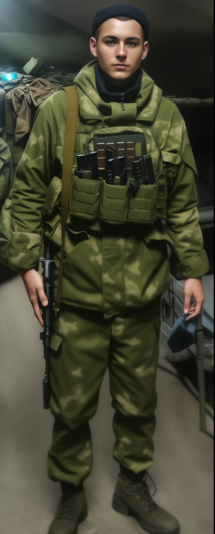 Russian soldier in camouflage uniform, magazines with cartridges in breast pockets, specular lighting, dslr, ultra quality. sharp focus, tack sharp, dof, film grain, Fujifilm XT3, crystal clear,