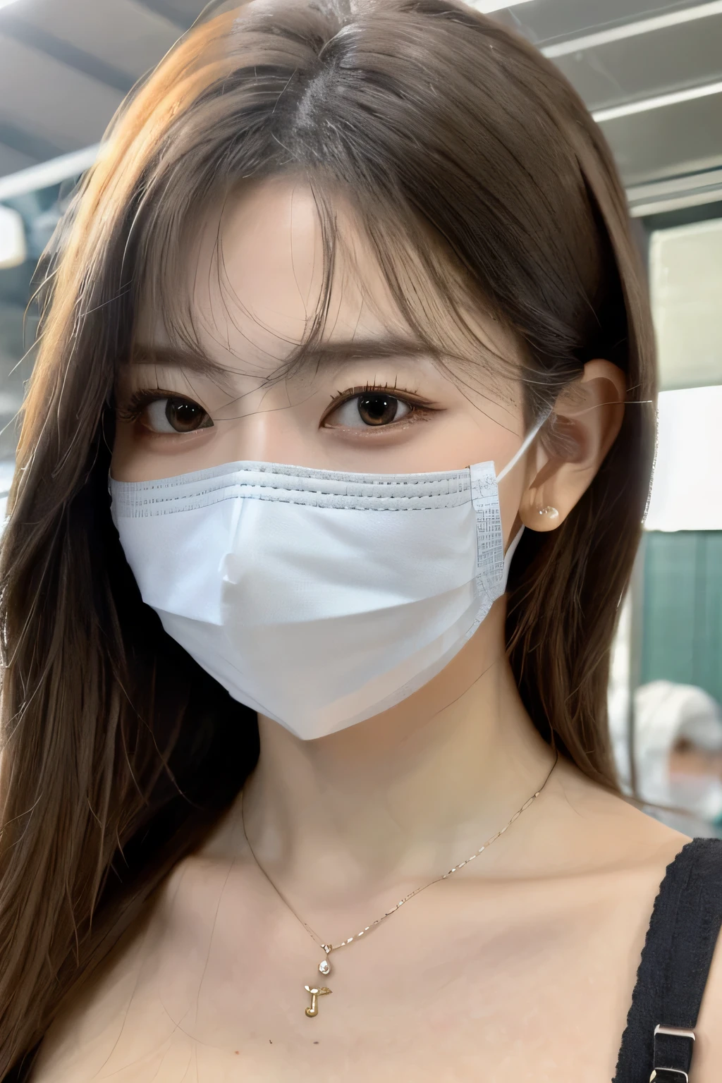 8K, highest quality, masterpiece, ultra high resolution, (realistic: 1.4), Raw photo, realistic skin texture, (film grain: 1.3), 1 girl, Beautifully detailed eyes and face, masterpiece, highest quality, Upper body, japanese idol, Fair skin, mask, natural blurred background, close, Other shots, big, front photo, hide your face on your phone, Face covered, Wearing a mask, necklace around neck、dark eyeliner、ear piercing、look at the camera、maskがずれている