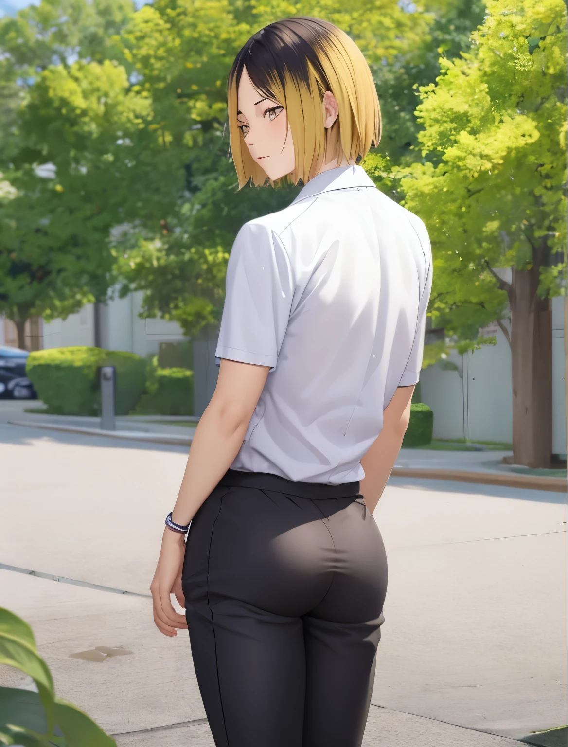 1boy, (Masterpiece, Top Quality, Best Quality), upper-body, blonde hair, black hair, multi-colored hair, очень Tall stature, Tall stature, forehead, toned abs, (black panties 1.1), solo, exterior, Park, blue skies, sakura trees, male focus, 8K,Taisho era, rear view, shows ass, butt