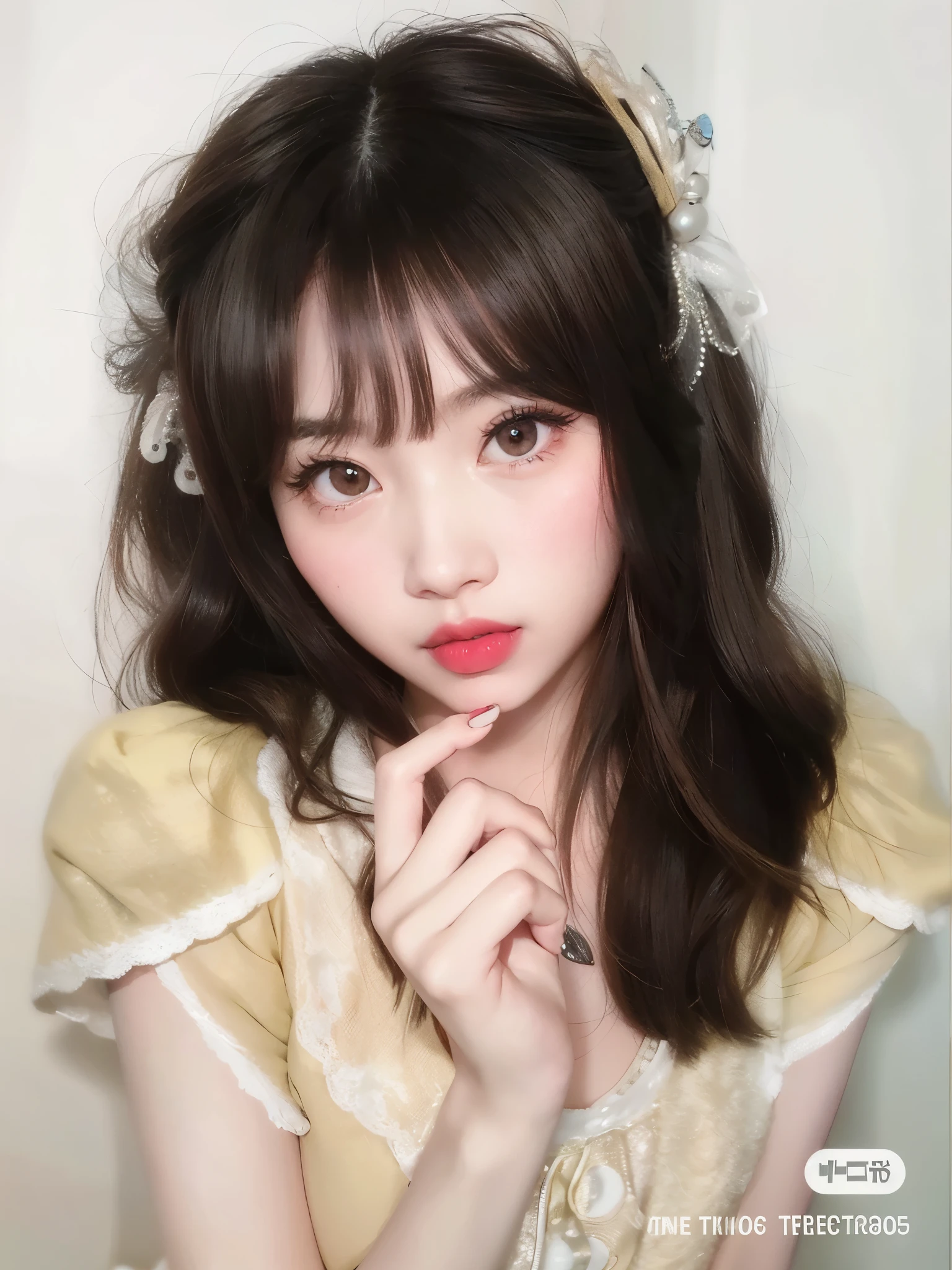 a closeup of a woman with red lipstick and a white dress, retrato realista kawaii, maquillaje popular de corea del sur, maquillaje coreano popular, ulzzang, peinado kawaii, linda chica kawaii, linda cara de anime natural, brown hair with bangs, peinado kawaii, flequillo esponjoso, cabello limpio con flequillo, peinado de corte hime blanco, joven y adorable rostro coreano, brown hair and bangs, Sana Minatozaki de Twice