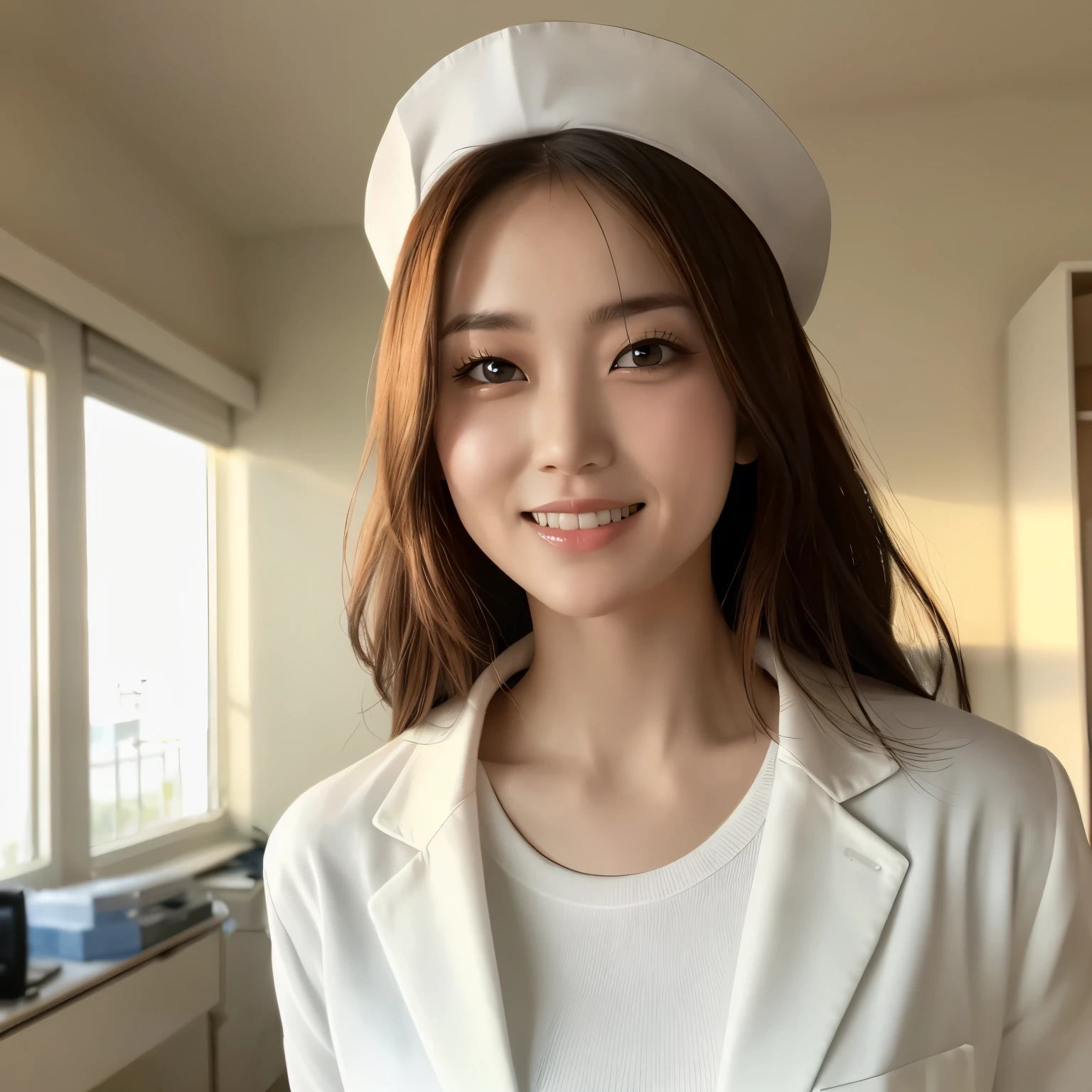 (highest quality、table top、8K、best image quality、Award-winning work)、1 nurse、(solo:1.3)、(The perfect and most natural nurse&#39;s pure white lab coat:1.2)、(A perfect white lab coat made of polyester:1.2)、(Perfect and most natural white plain nurse cap:1.2)、(The most natural and perfectly organized hospital room:1.1)、(A perfectly organized hospital room:1.1)、(The most natural and practical hospital room:1.1)、blurred background、big breasts、emphasize body line、(standing elegantly:1.1)、(close up of face:1.1)、(look at me:1.2)、accurate anatomy、(Beautiful skin shining in the sunset:1.1)、(A hospital room bathed in sunlight:1.1)、(Vibrant and romantic sunset on the background of Naas:1.3)、(A fantastic and romantic sunset:1.2)、(epic movie lighting:1.1)、(romantic evening hospital room:1.1)、Super high-definition glossy skin、Super high-definition sparkling eyes、Super high definition beautiful hair、Super high definition beautiful teeth