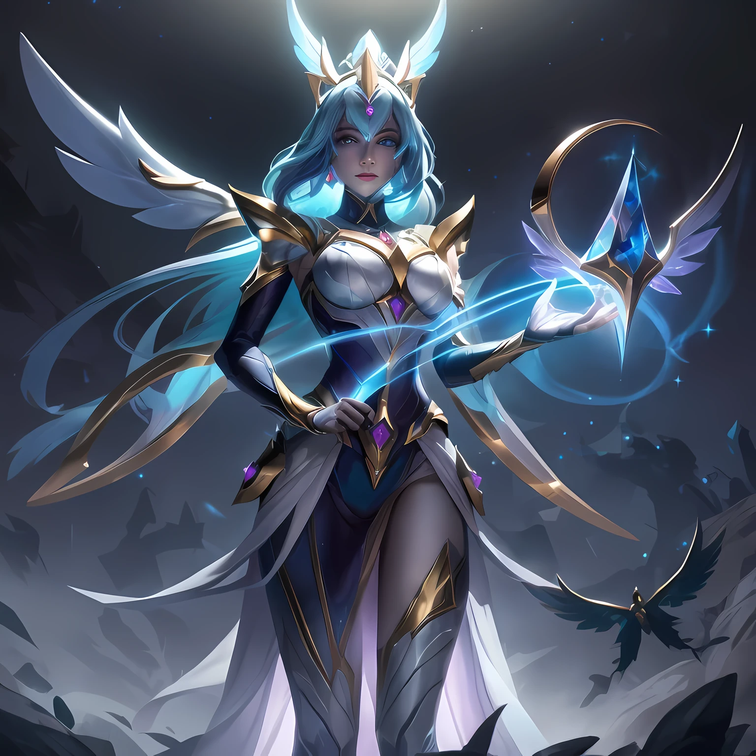 The Legendary Skin "Eclipse Sentinel Xerona" presents a breathtaking transformation of the original Verdant Archer Xerona. In this skin, Xerona embodies the power of the night and celestial forces, becoming an enigmatic and regal figure.

In the splash art, Xerona's appearance undergoes a stunning metamorphosis. She now dons an elegant and ethereal celestial attire, with her armor and bow crafted from moonstone. Her wings shimmer with moonlight, signifying her connection to the celestial realm.

The color palette is dominated by deep blues and shimmering silvers, mirroring the moonlit night sky. Glowing stars and celestial symbols adorn her armor, emphasizing her new role as the Eclipse Sentinel, a guardian of the night.

Her arrows have transformed into radiant beams of moonlight, ready to pierce through darkness and foes alike. The celestial theme of the skin is further accentuated by the inclusion of sparkling stardust and celestial glimmers in the background.

Xerona's expression exudes a sense of celestial grace and determination, showcasing her newfound power as the Eclipse Sentinel. The overall composition exudes an aura of mystery and majesty, capturing the essence of this regal and cosmic transformation.