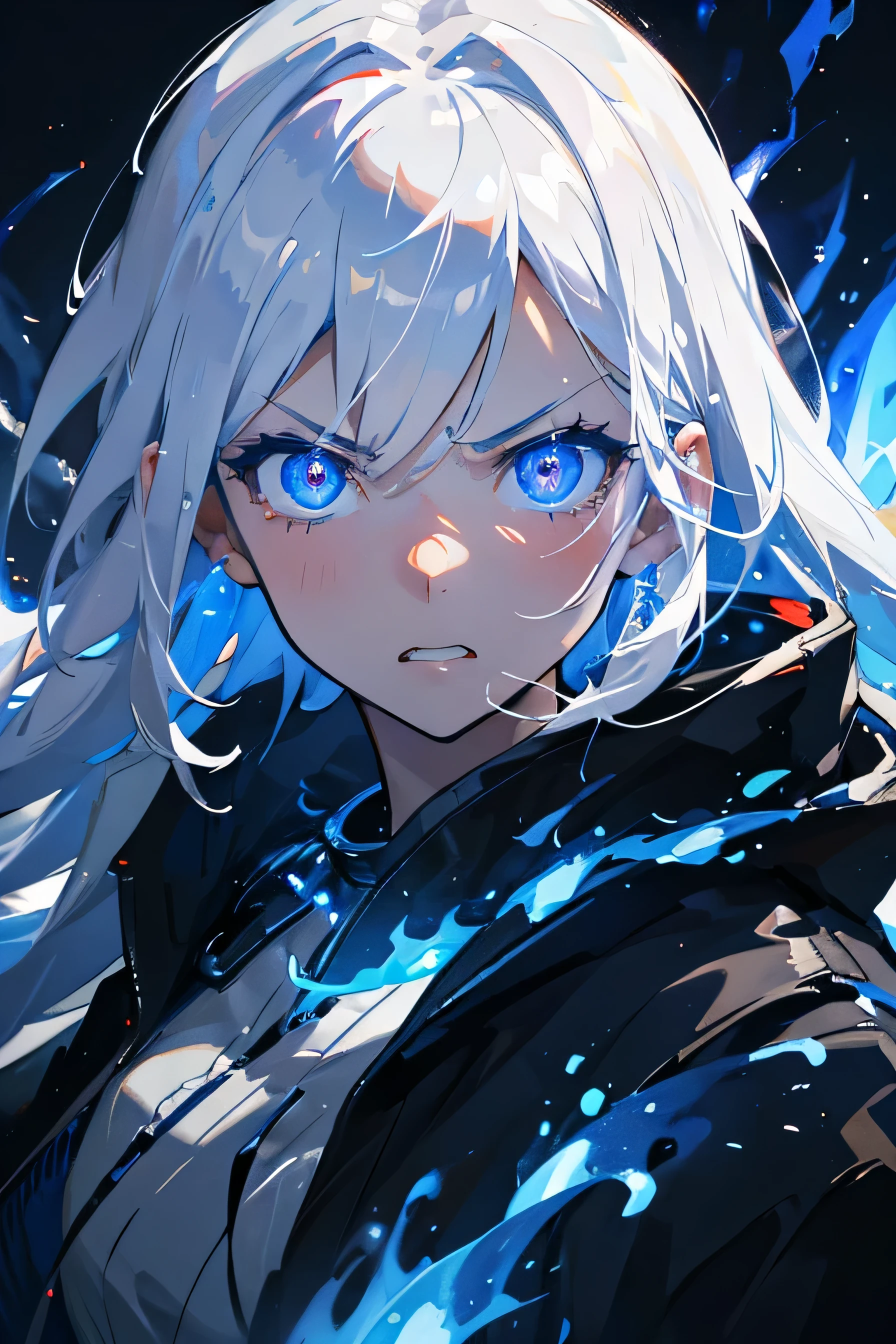 masterpiece, high quality, portrait, anime style, girl, super close up, angry look, fury, glowing eyes, white hair, blue lightings, blue flames